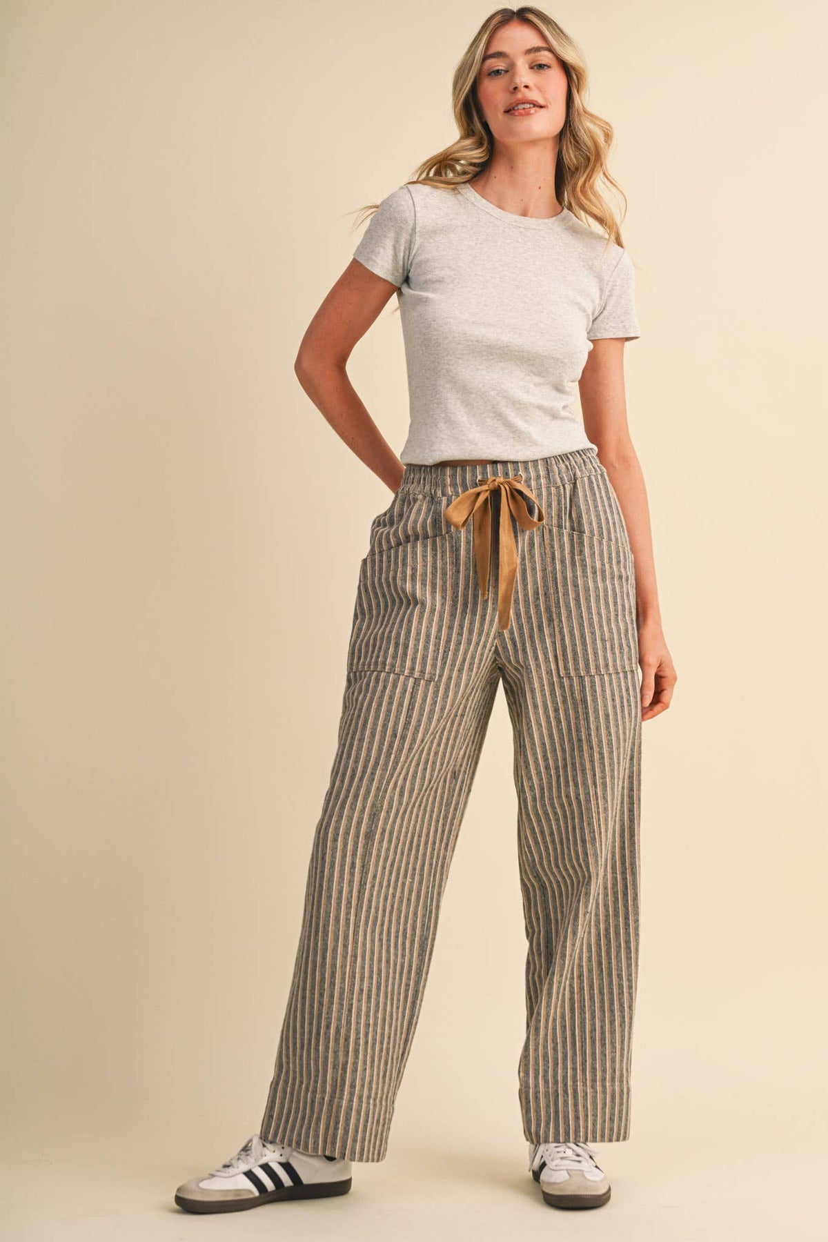 STRIPED WIDE LEG DRAWSTRING PANTS MP5300