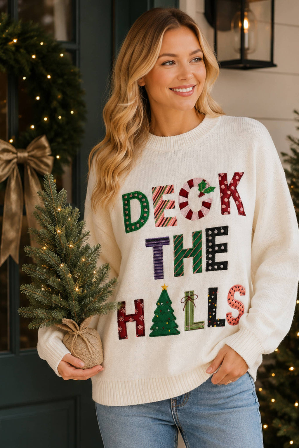 Deck the Halls Christmas Patchwork Graphic Sweater