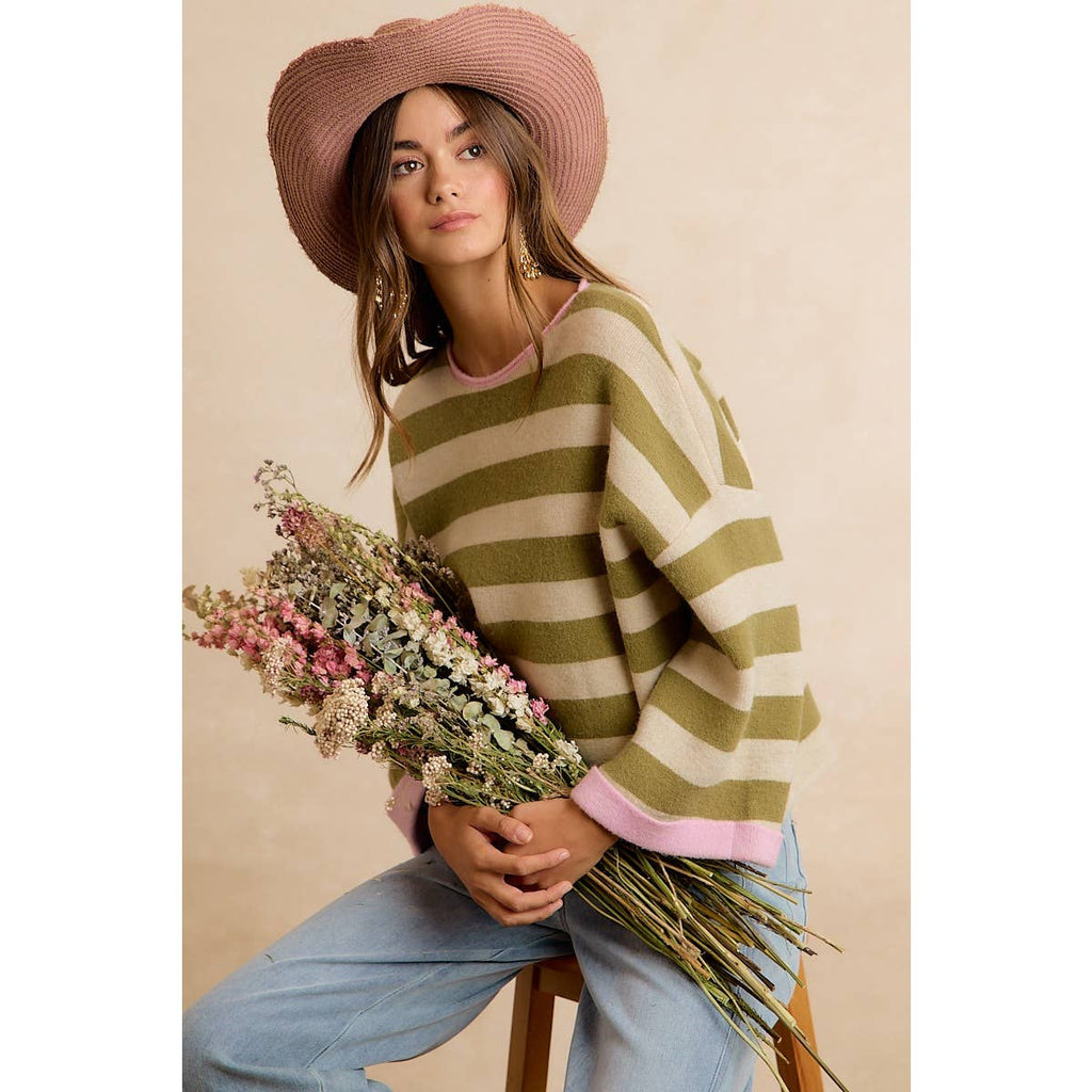 STRIPE CONTRAST BINDING AND REVERSIBLE SWEATER