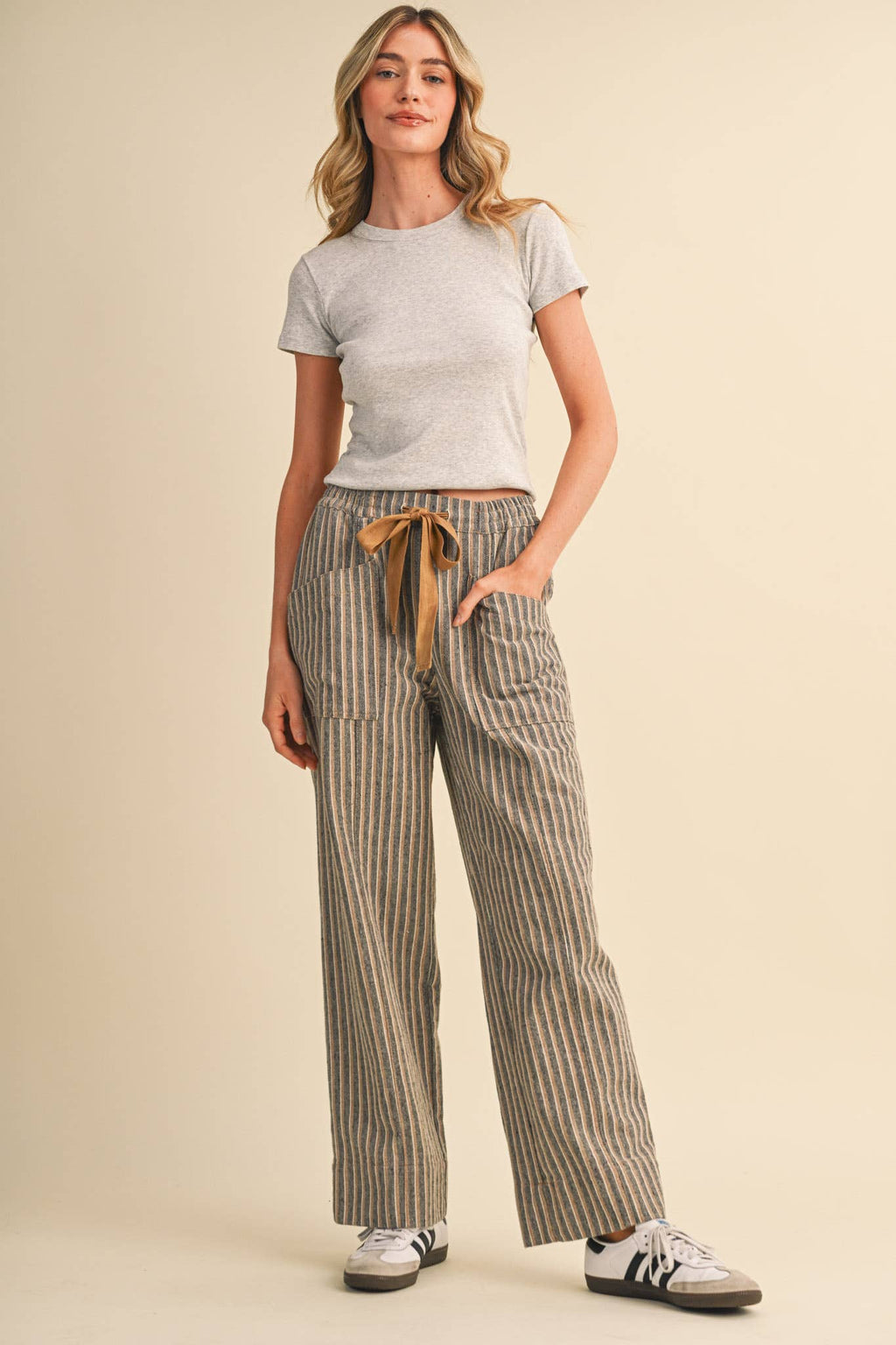 STRIPED WIDE LEG DRAWSTRING PANTS MP5300