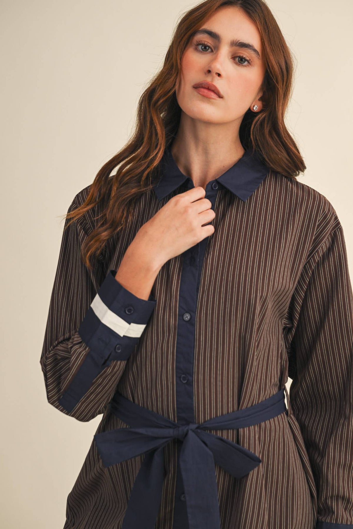 STRIPED BUTTON DOWN BELTED MINI DRESS MDR4225