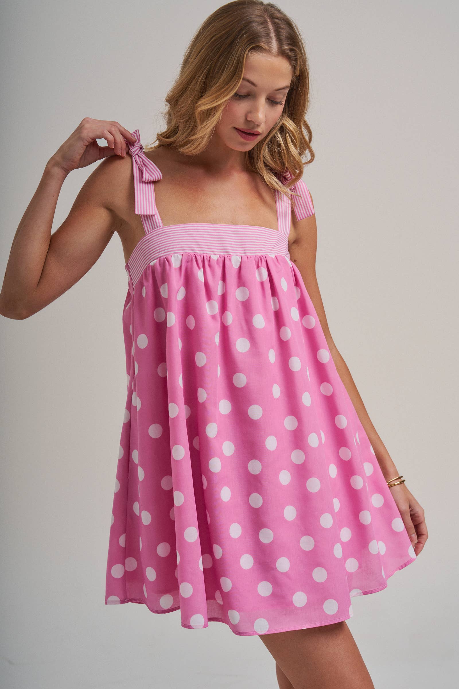 POLKA DOT BABYDOLL A LINE MINI DRESS WITH STRIPE BODICE