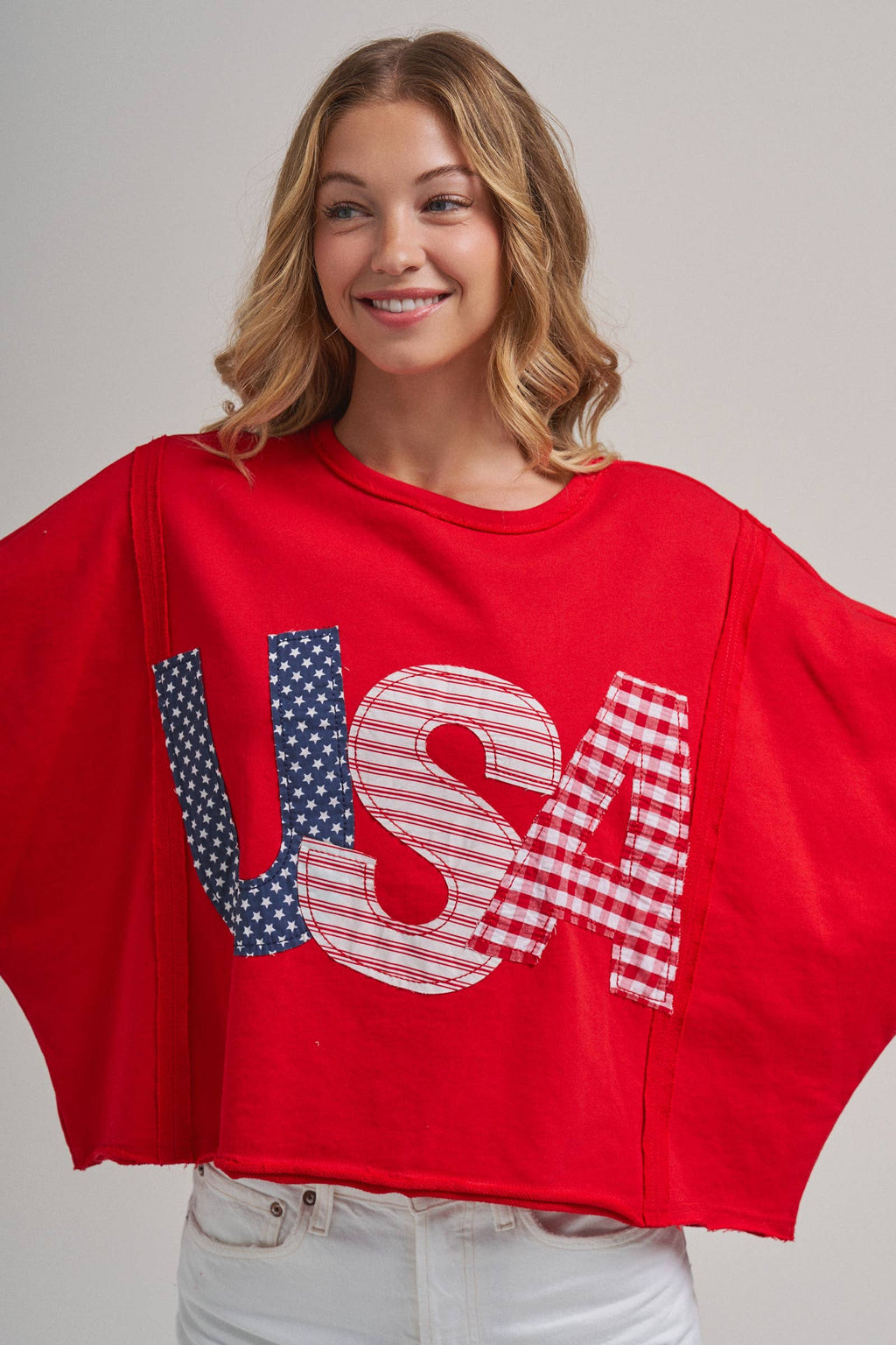 BIG USA LETTER PATCH OVERSIZED 4TH OF JULY KNIT TOP