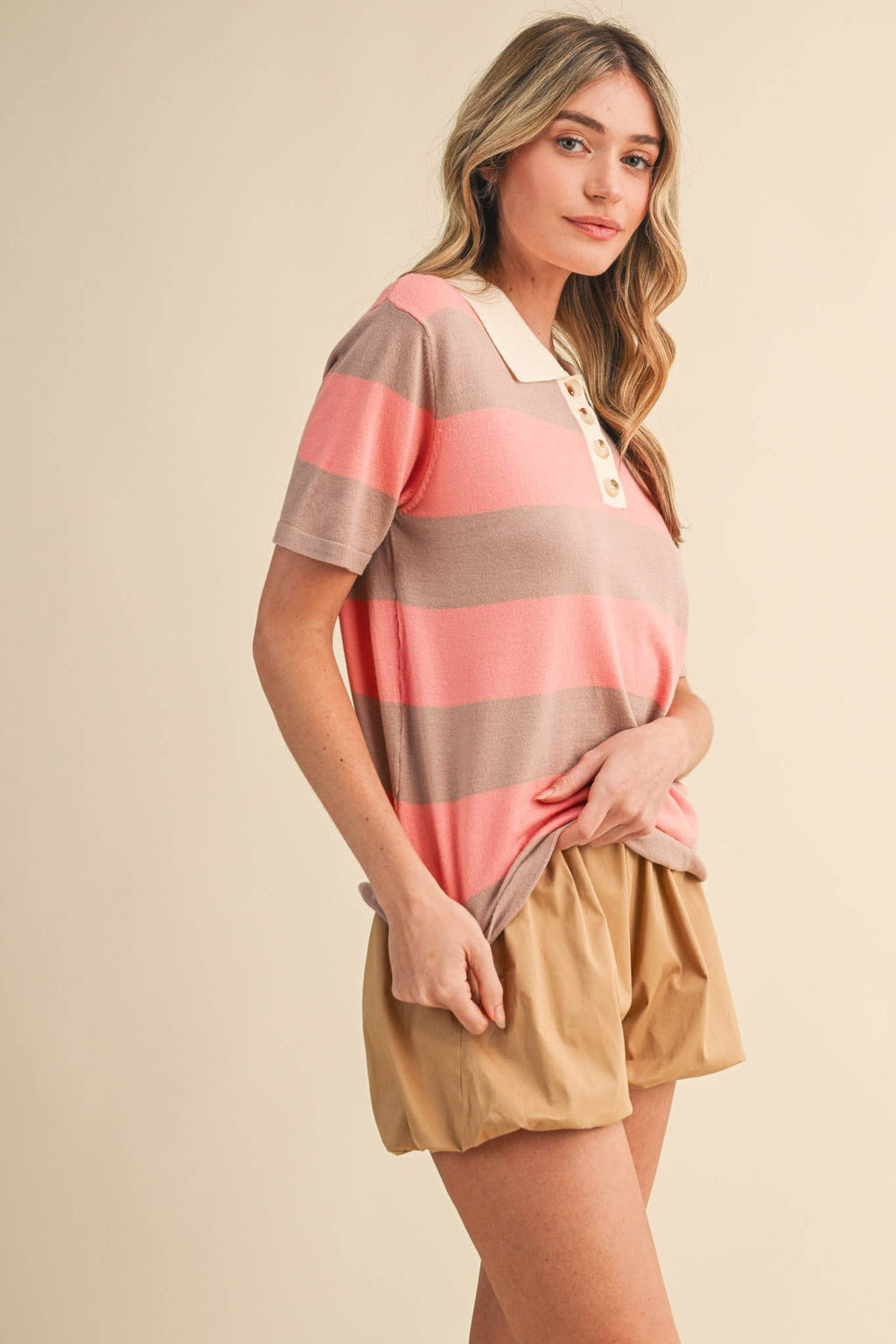 STRIPED SWEATER KNIT SHORT SLEEVE POLO MSW11339