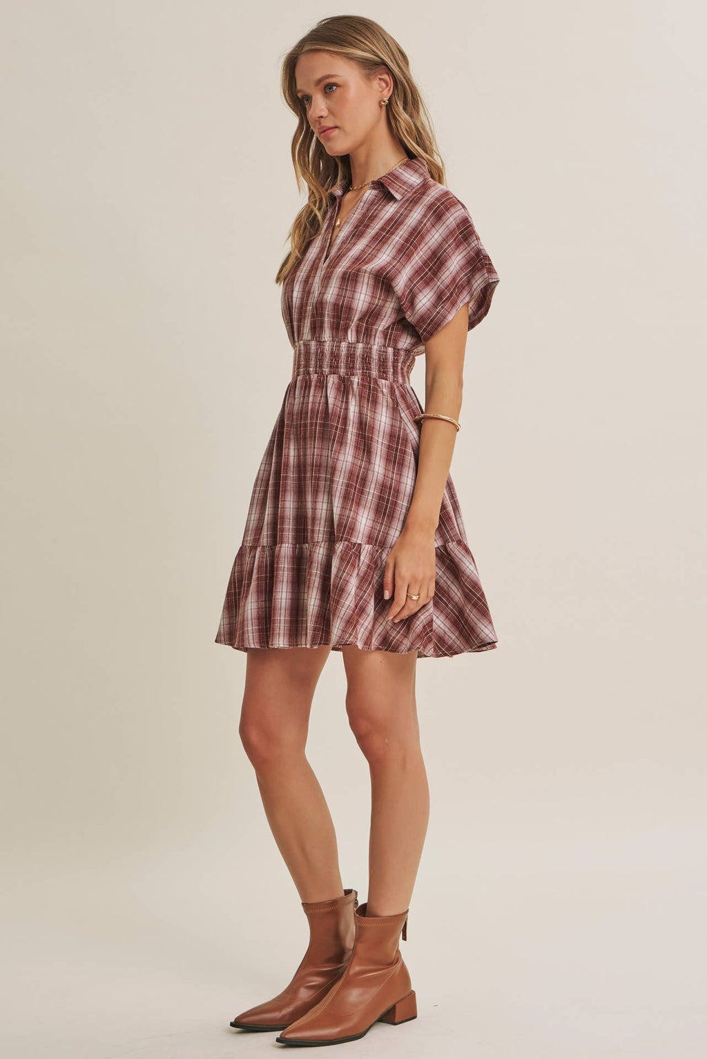 AUTUMN PICNIC DROP SHOULDER PLAID SMOCKED WAIST MINI DRESS