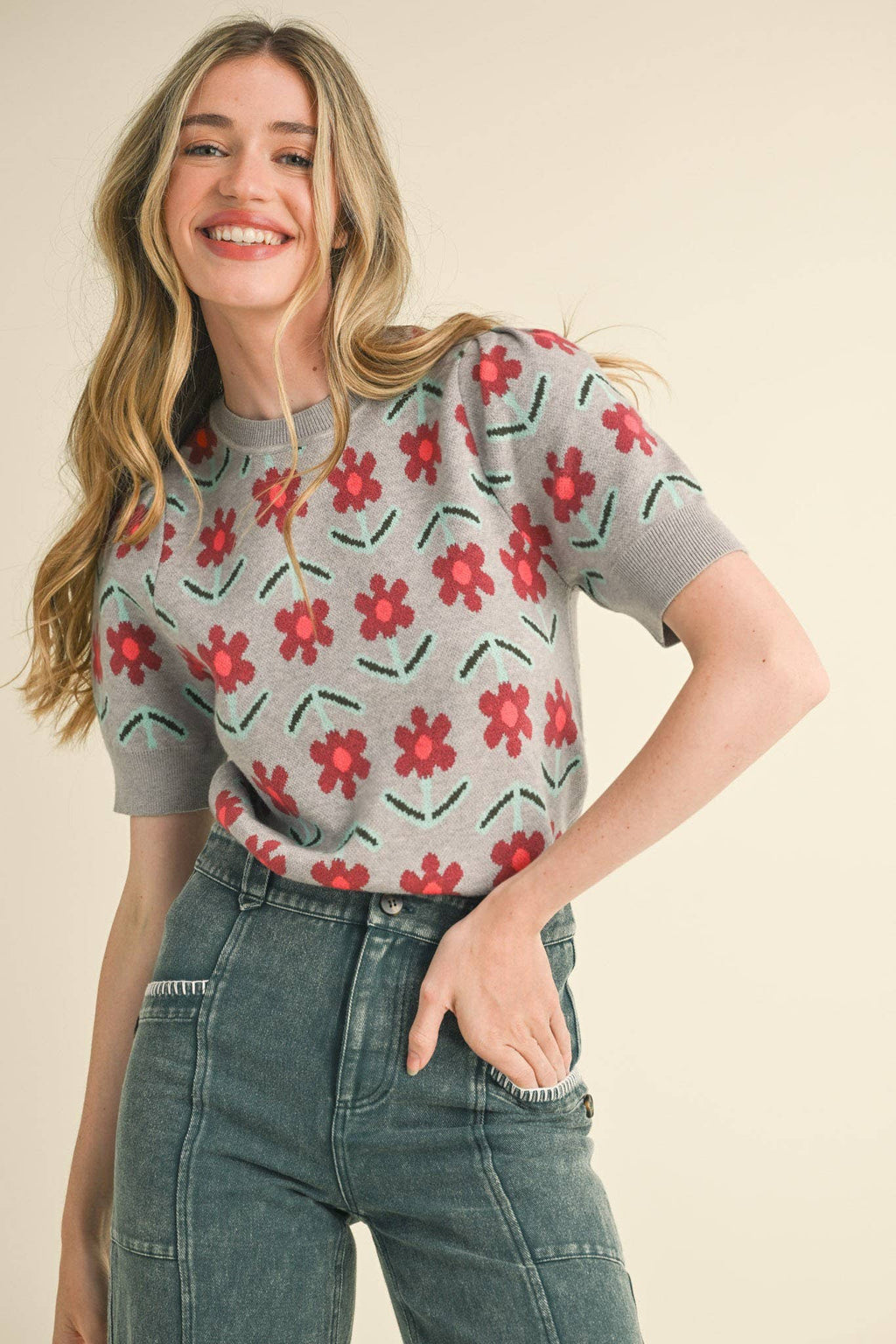 SHORT SLEEVE FLORAL KNIT SWEATER MSW10510