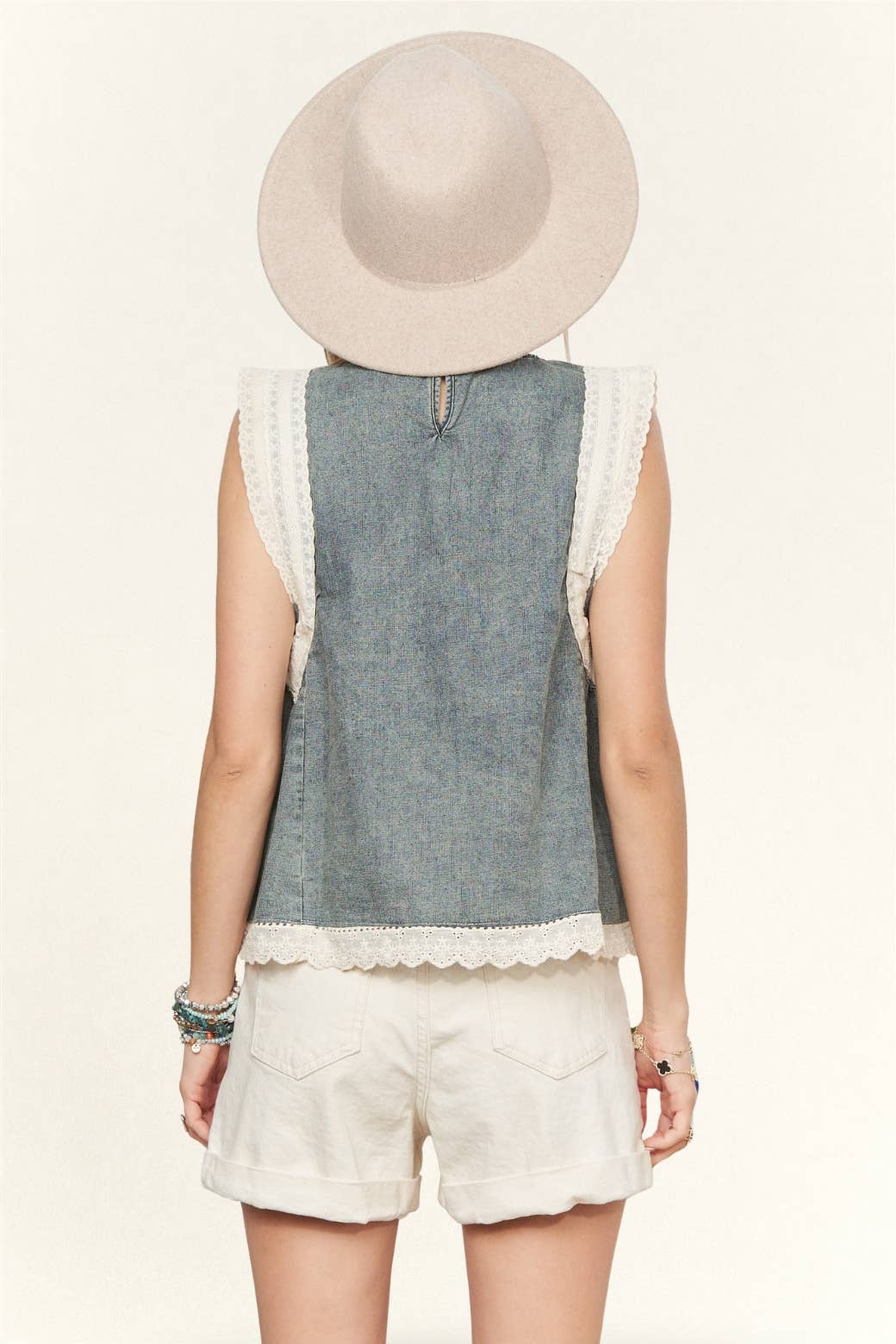 DENIM BLOUSE WITH LACE TRIM- LET3981