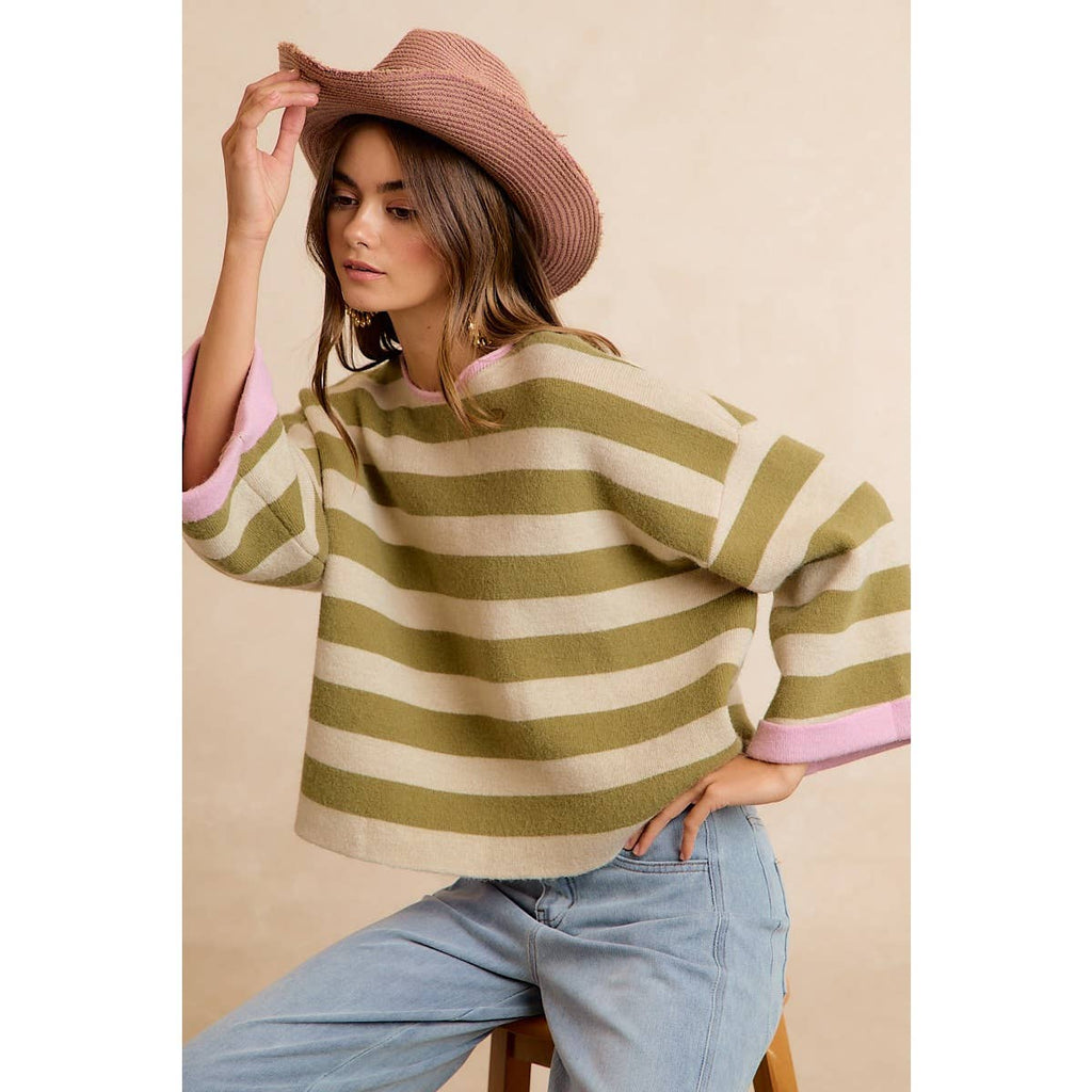 STRIPE CONTRAST BINDING AND REVERSIBLE SWEATER
