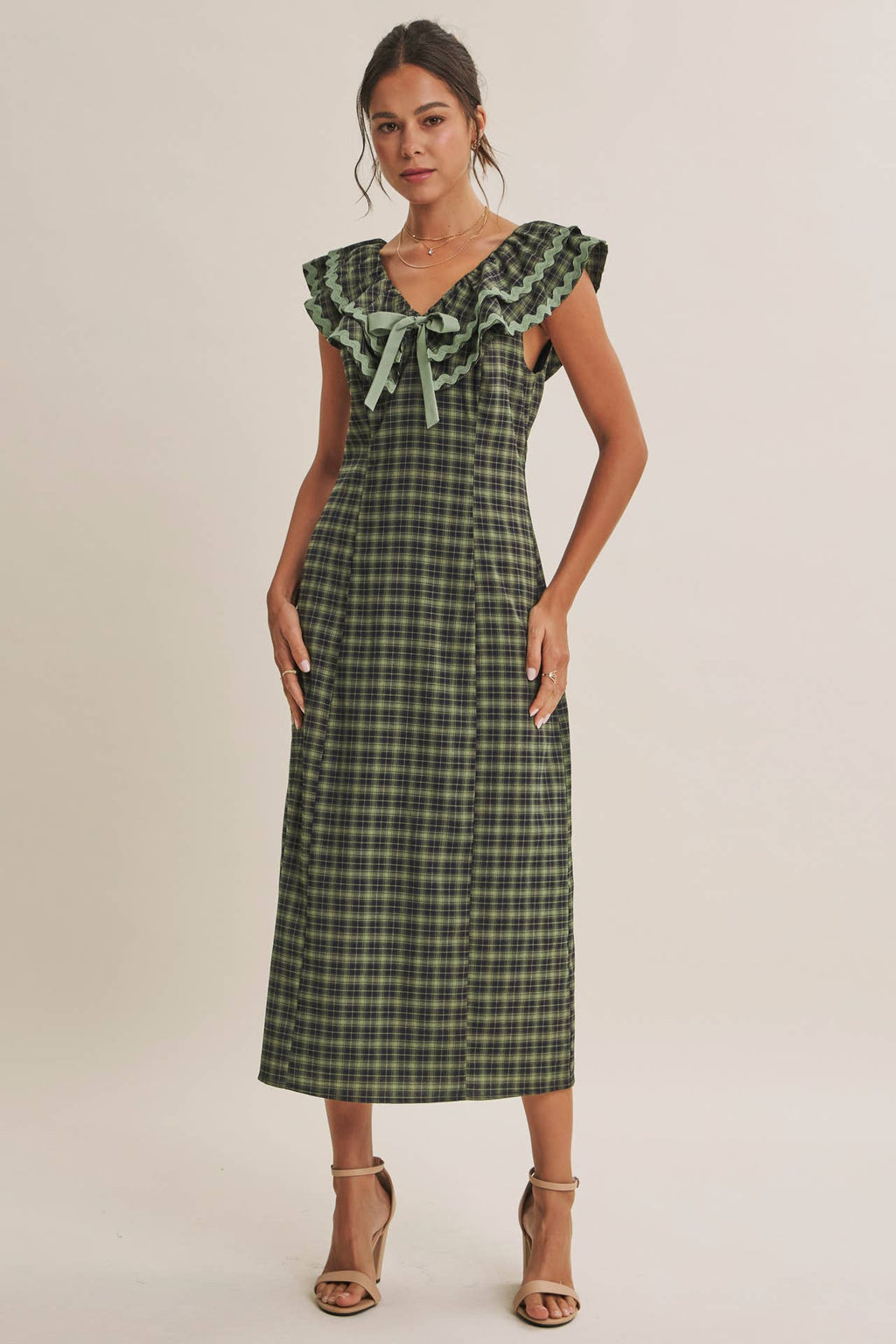 AUTUMN HARVEST RUFFLED PLAID BODY SKIMMING SLIT MIDI DRESS