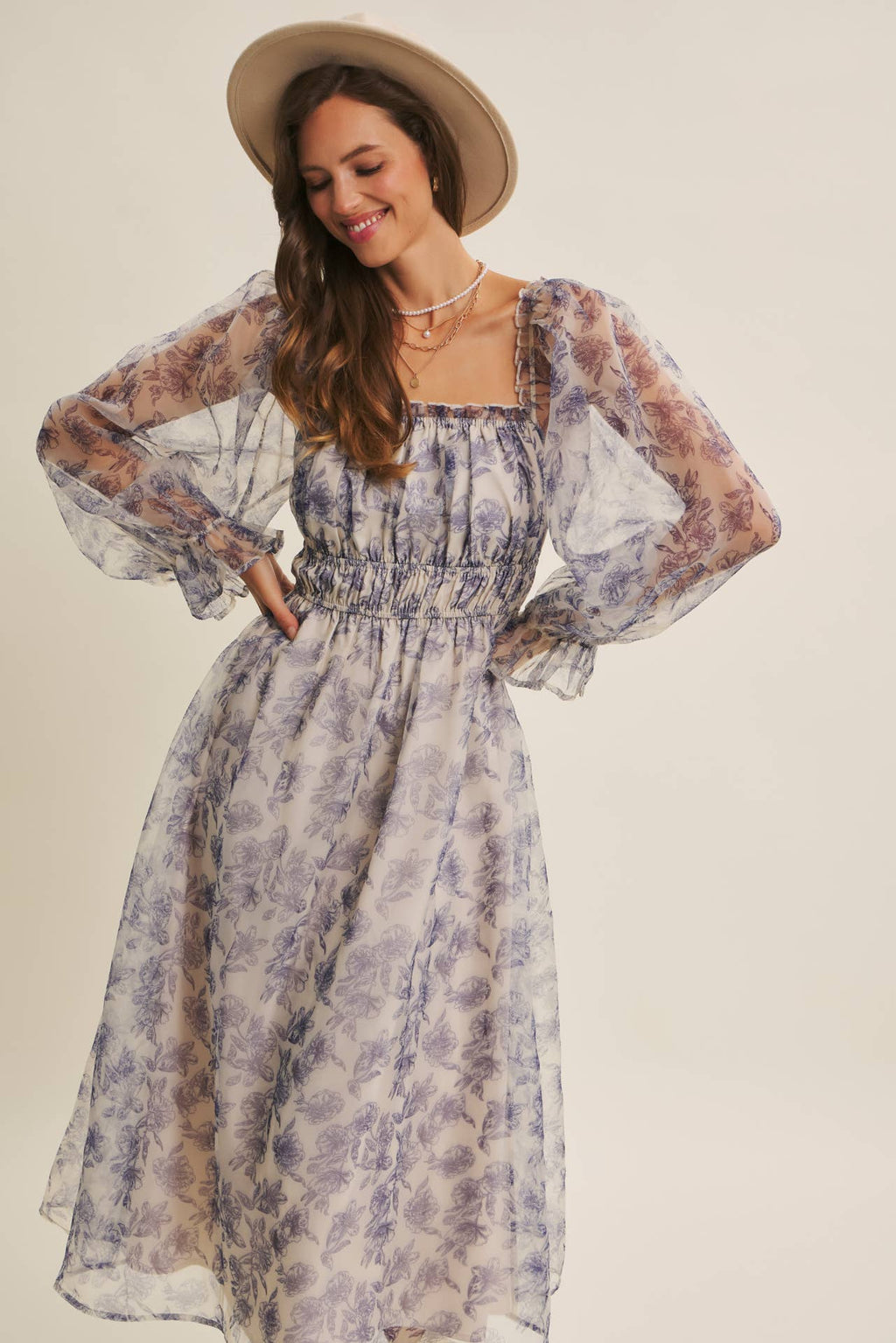ETHEREAL GRACE FLORAL ORGANZA MIDI DRESS WITH ELASTIC WAIST