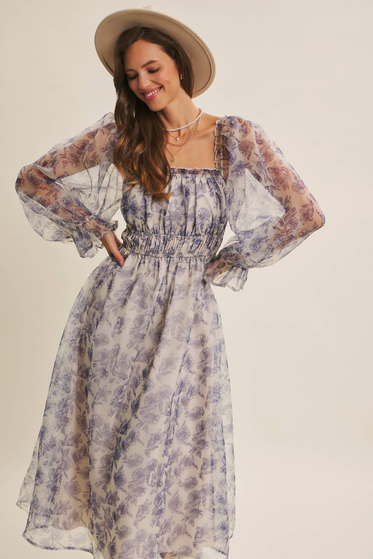 ETHEREAL GRACE FLORAL ORGANZA MIDI DRESS WITH ELASTIC WAIST
