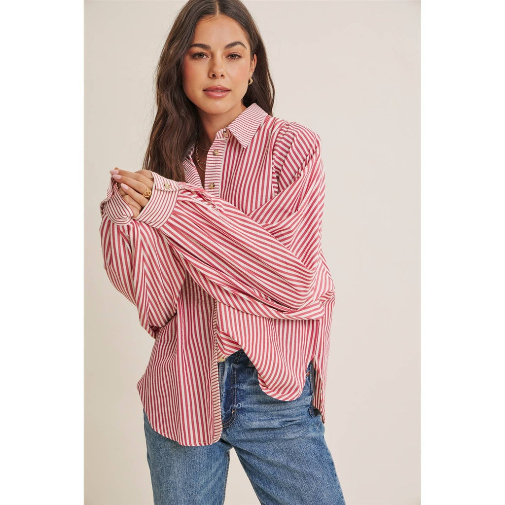 FRENCH CAFE MIXED STRIPE BATWING BUTTON-DOWN SHIRT