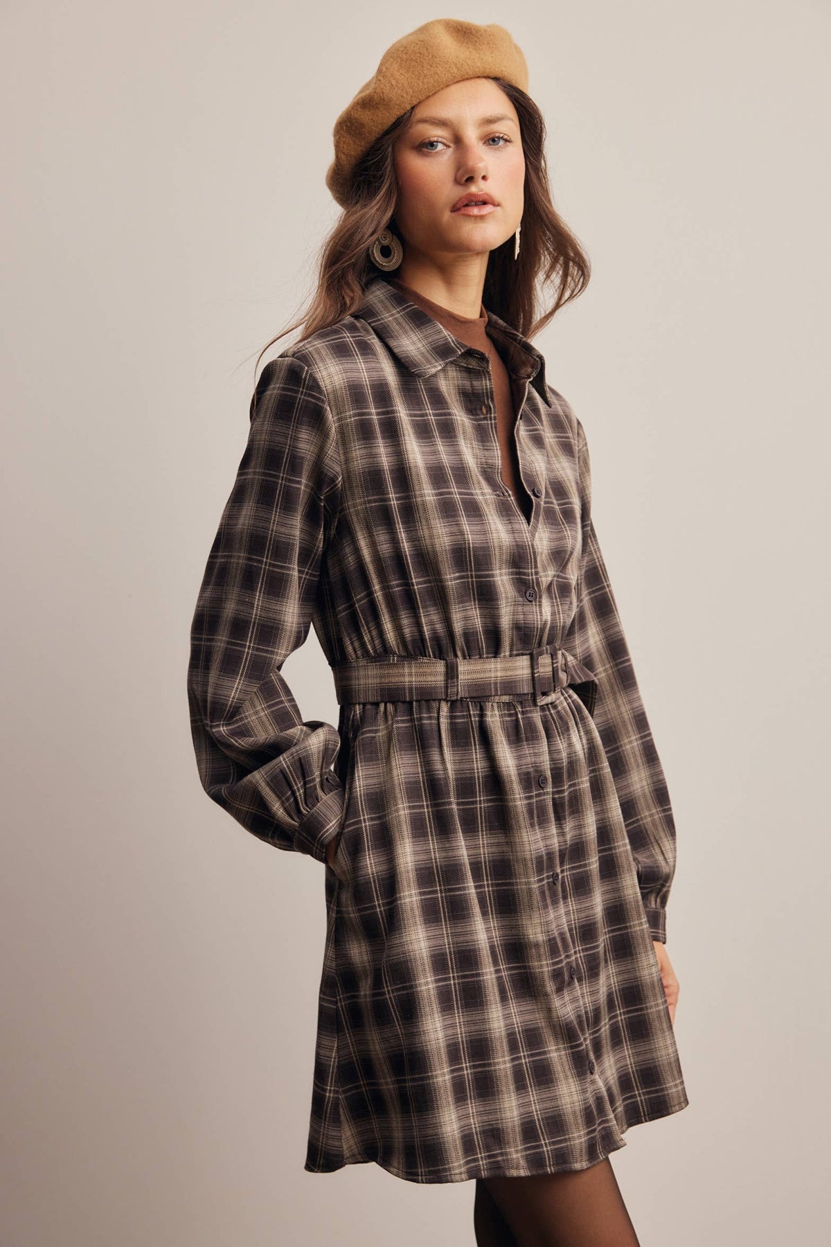 Belted Plaid Shirt Dress FD0063