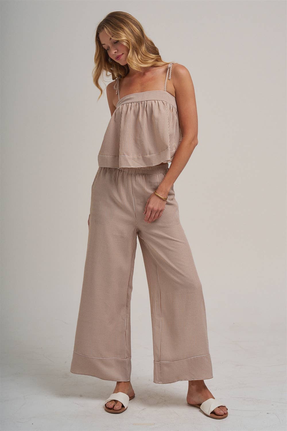 STRIPED TWO PIECE SET WITH FLOWY CAMI TOP AND WIDE LEG PANTS