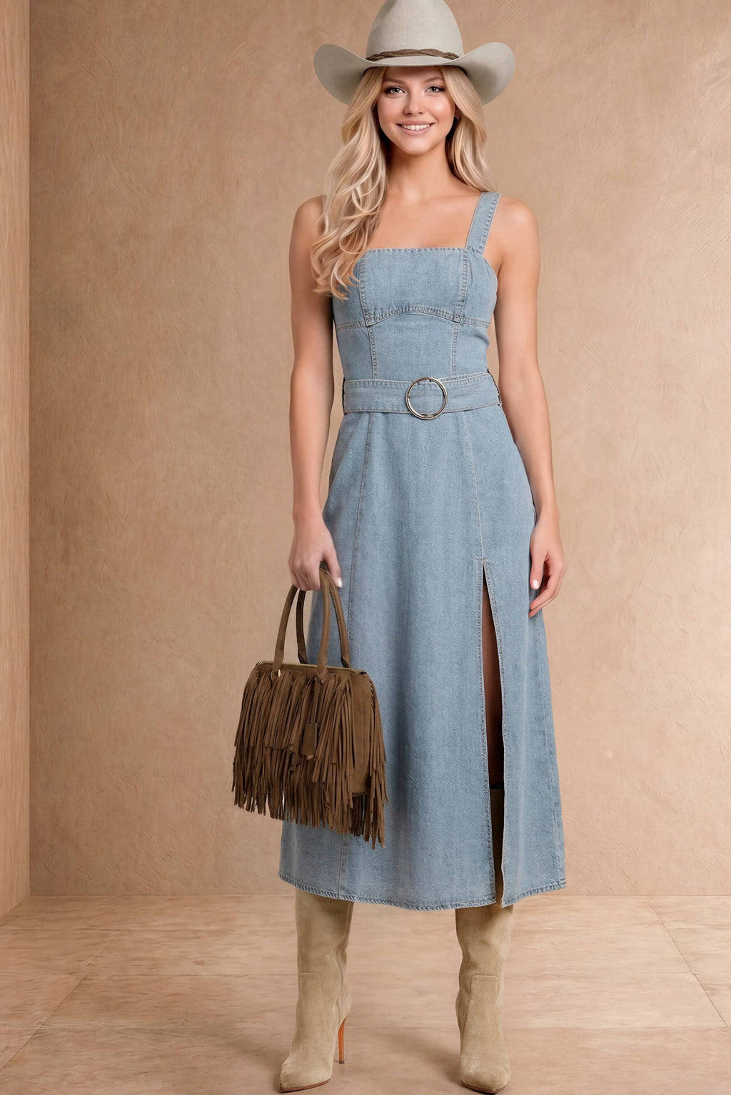 Denim Midi Dress With Thigh Slit And Self Belt