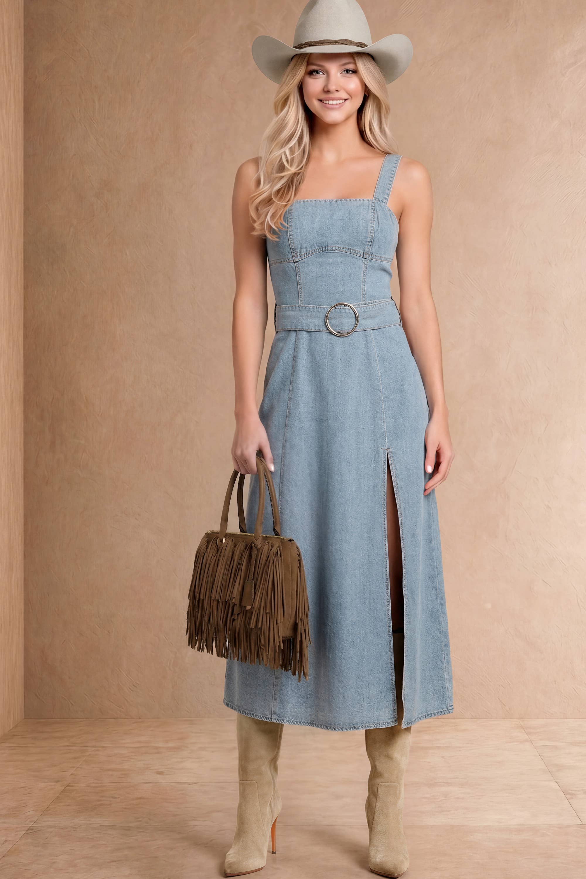 Denim Midi Dress With Thigh Slit And Self Belt