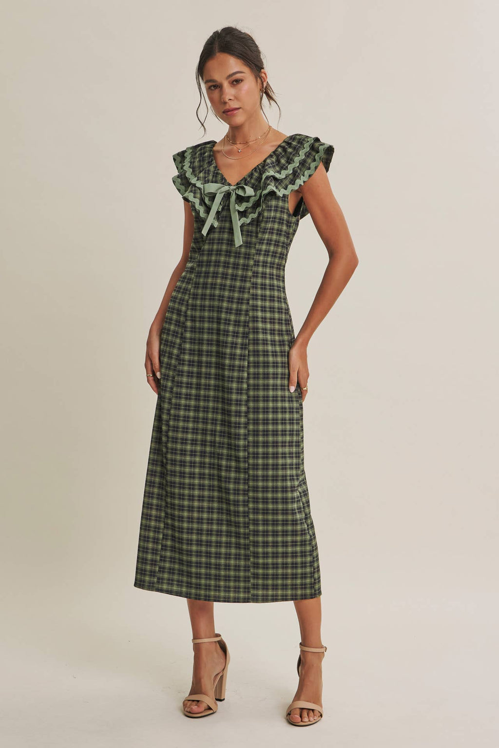 AUTUMN HARVEST RUFFLED PLAID BODY SKIMMING SLIT MIDI DRESS
