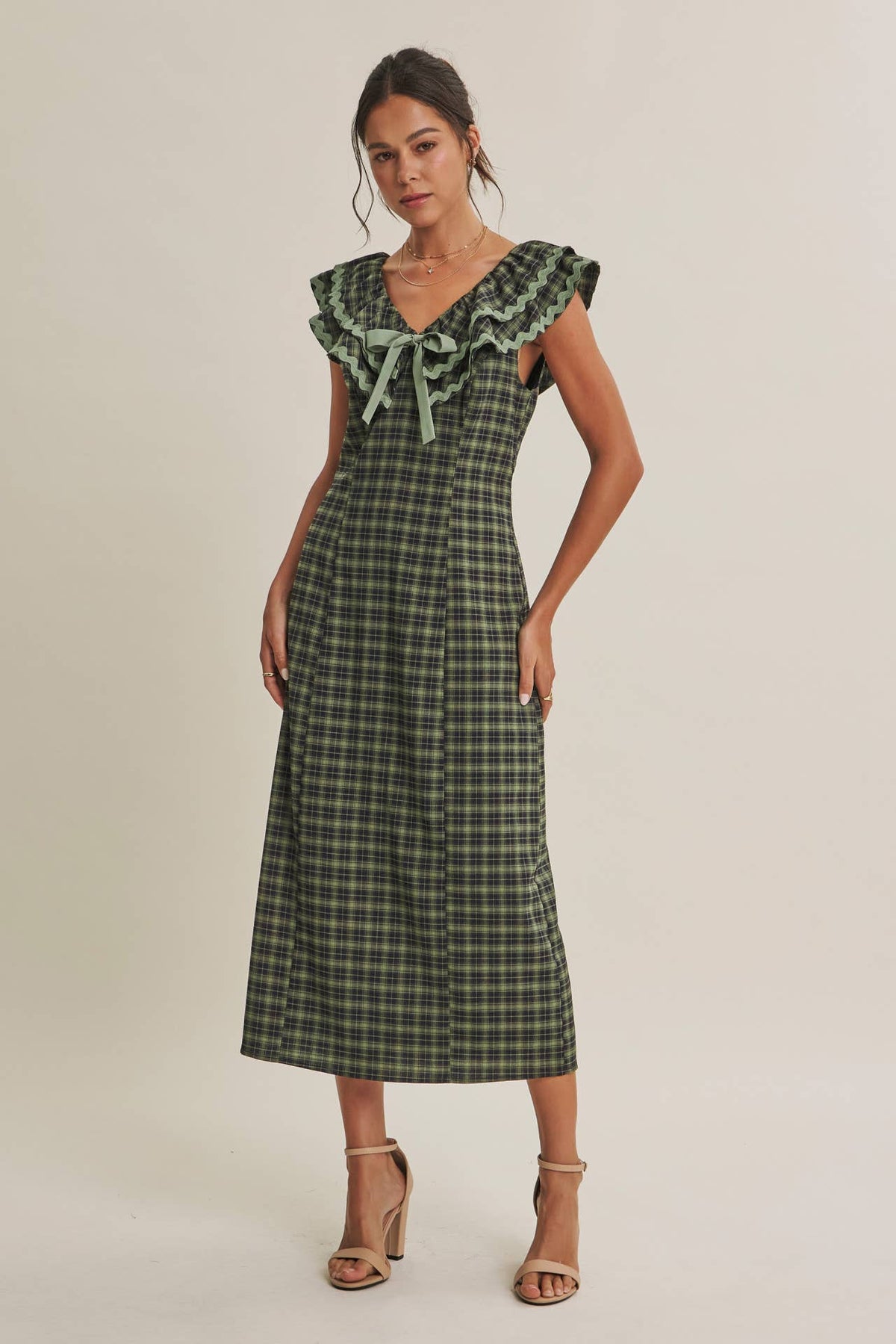 AUTUMN HARVEST RUFFLED PLAID BODY SKIMMING SLIT MIDI DRESS