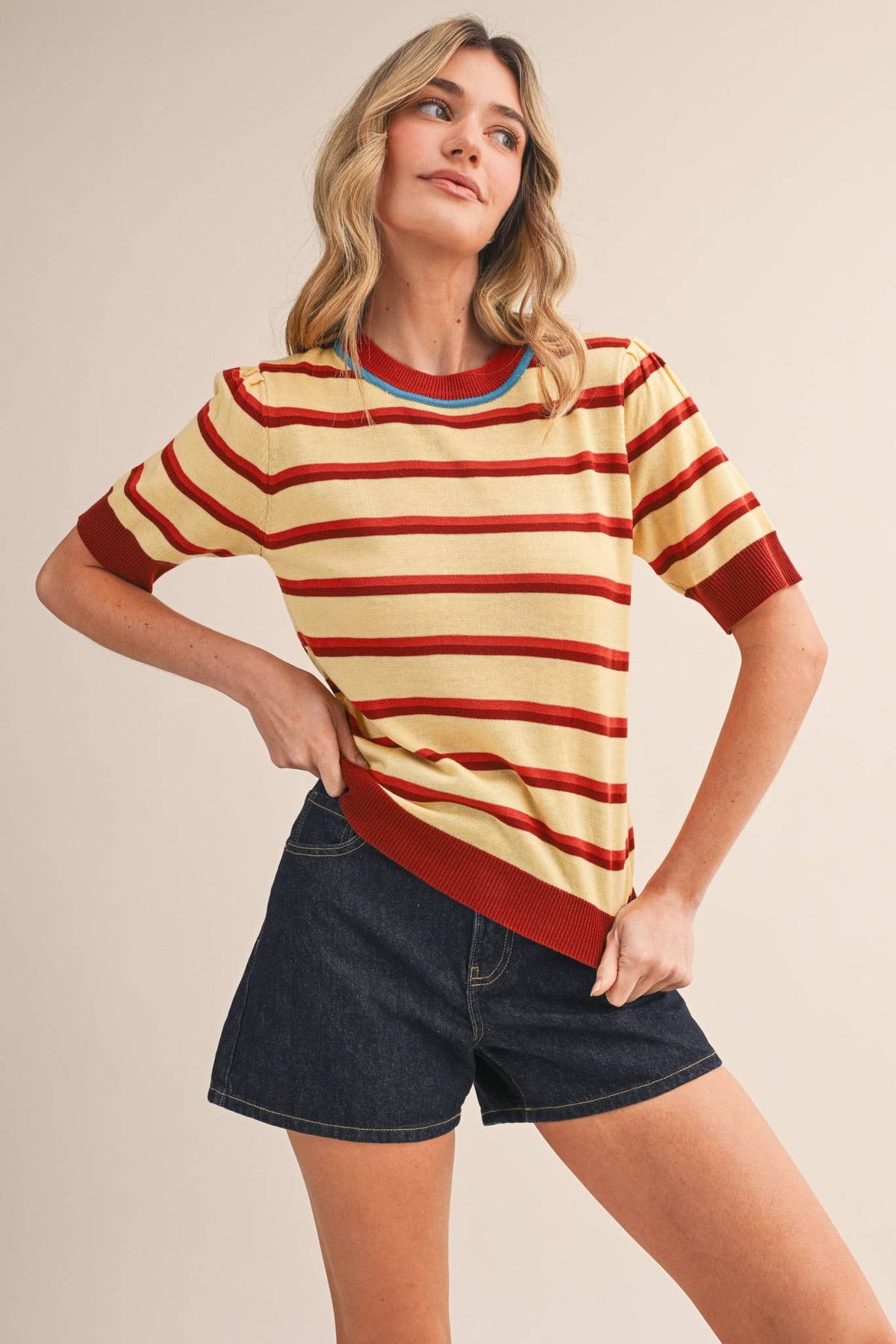 STRIPED SHORT SLEEVE SWEATER MSW11335