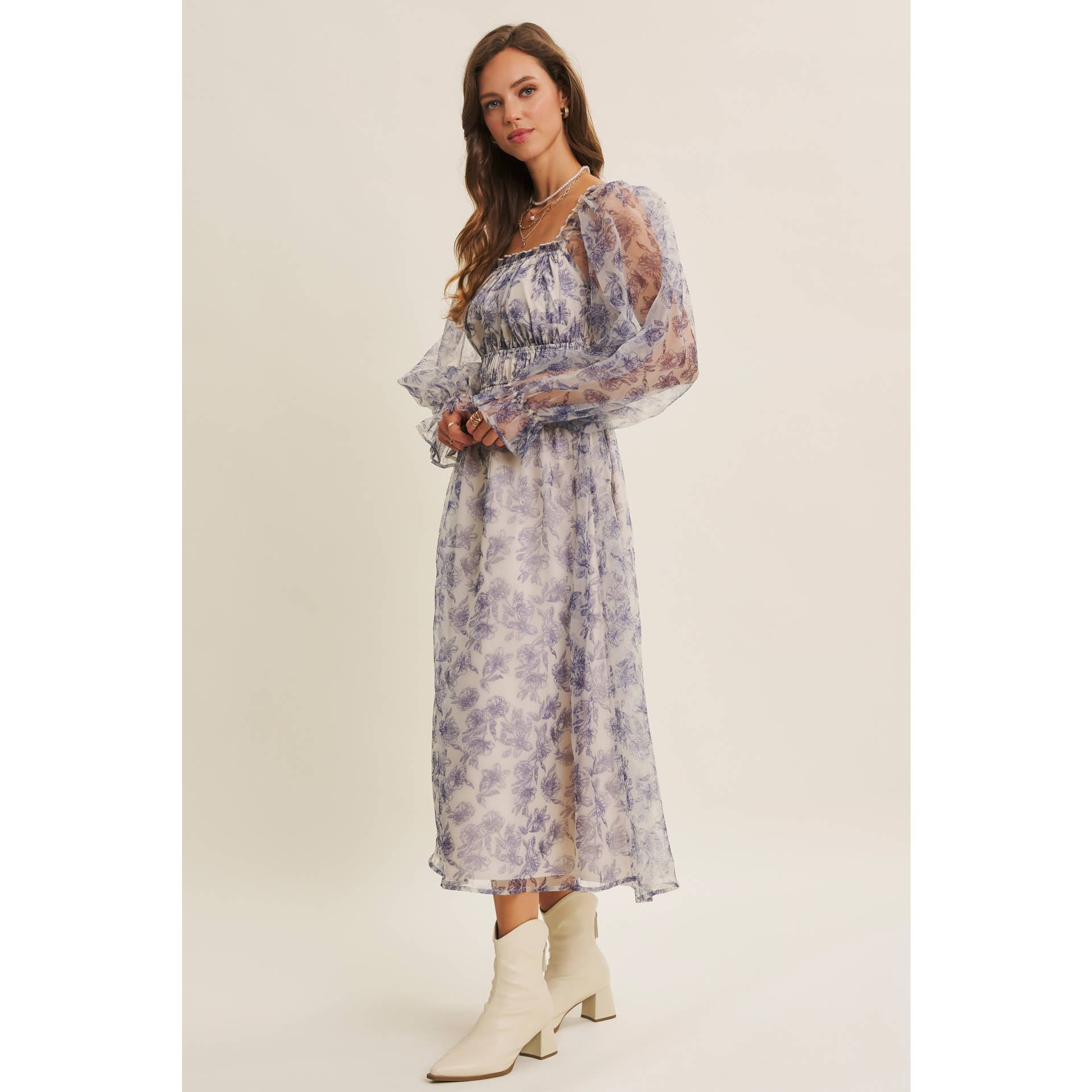 ETHEREAL GRACE FLORAL ORGANZA MIDI DRESS WITH ELASTIC WAIST