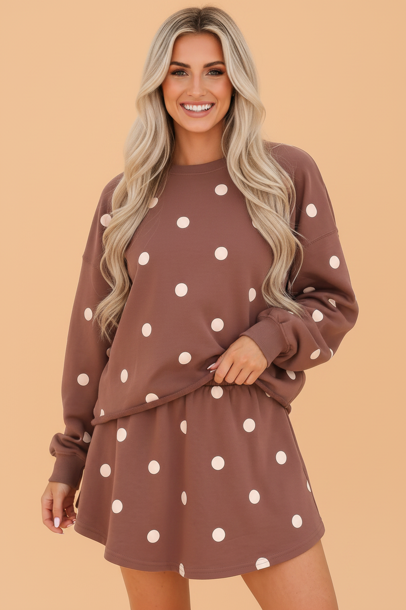 PRETTY BASH Polka Dot Raw Hem Sweatshirt & Skort Set