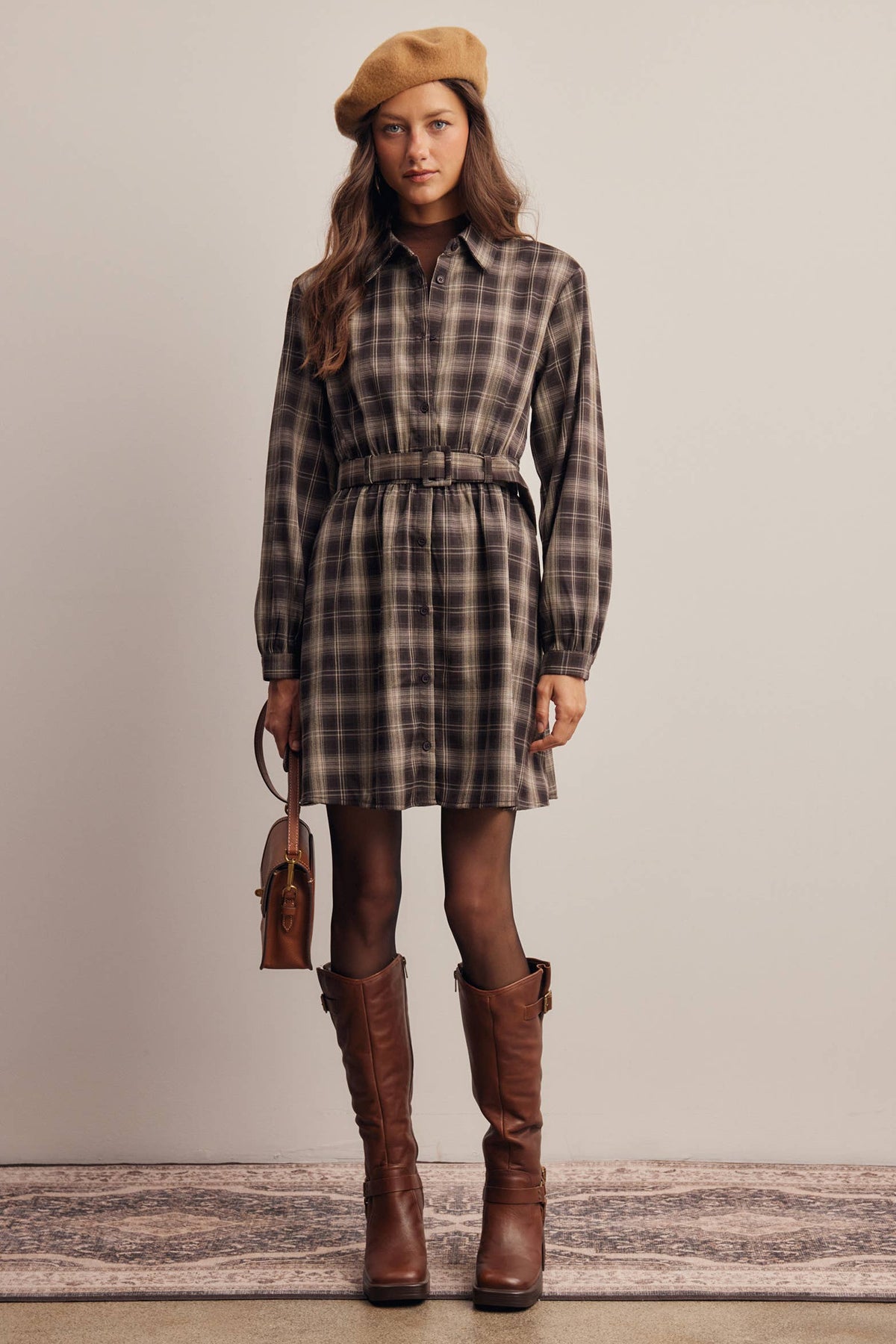 Belted Plaid Shirt Dress FD0063
