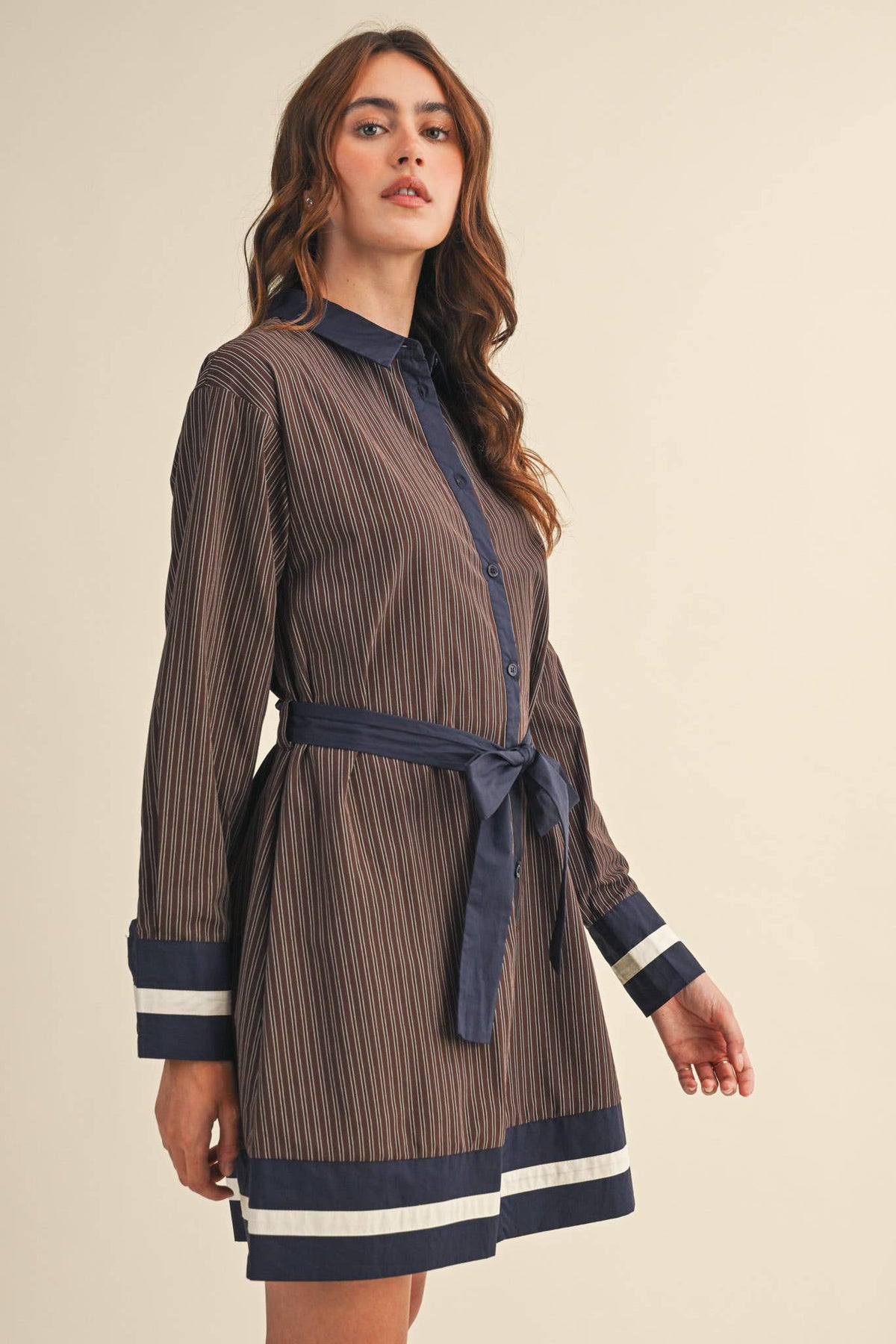 STRIPED BUTTON DOWN BELTED MINI DRESS MDR4225