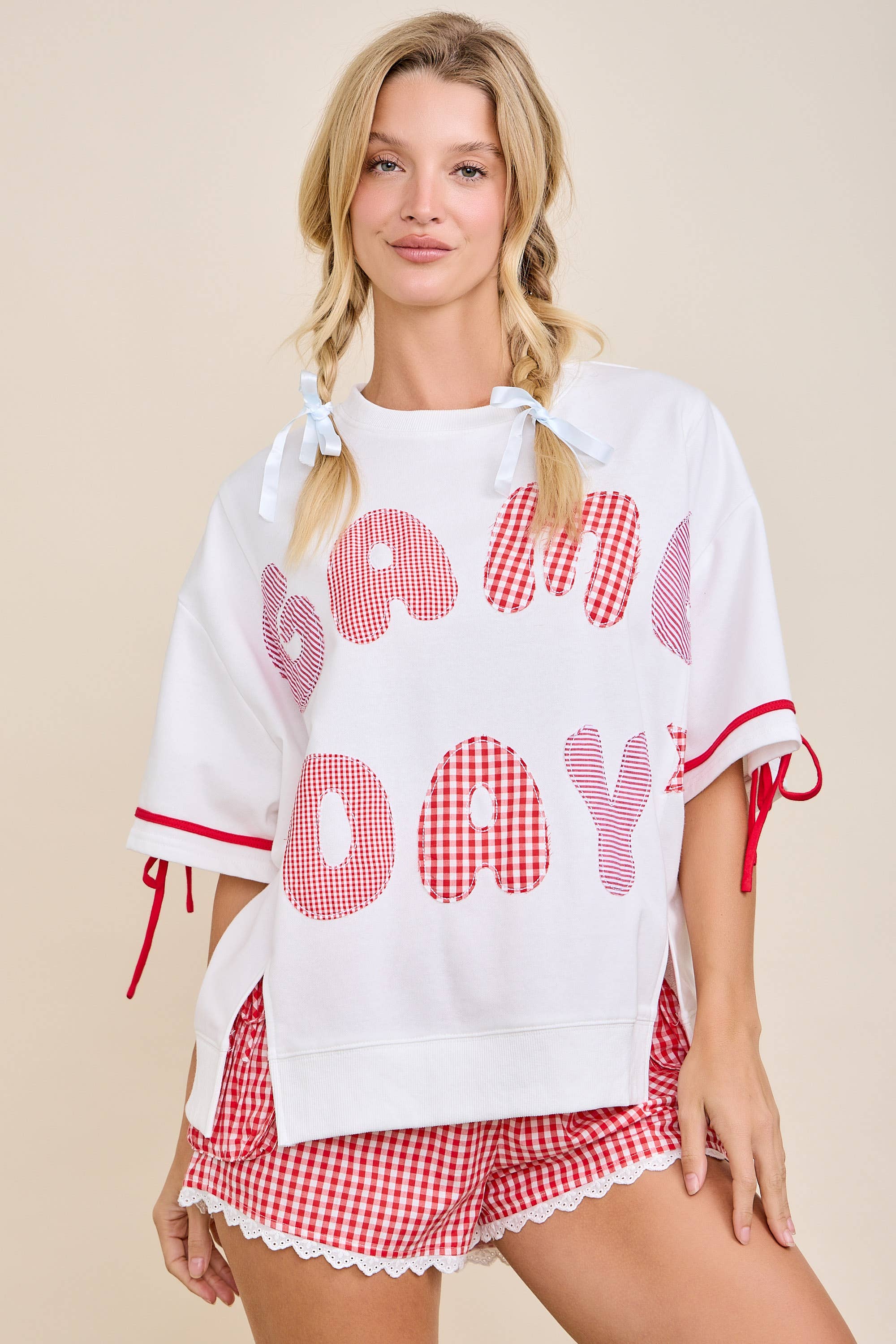 Game Day Patchwork Boxy Top – Ribbon Sleeve Western Style