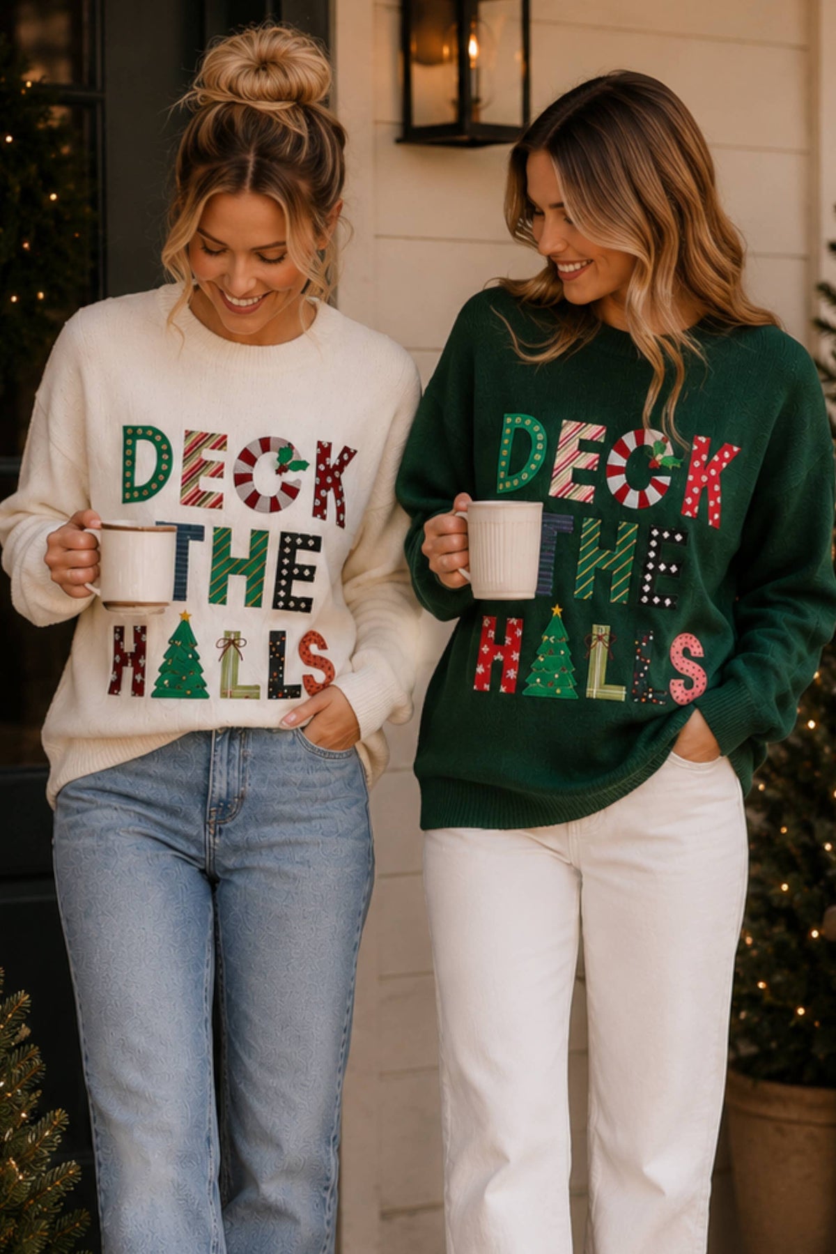 Deck the Halls Christmas Patchwork Graphic Sweater