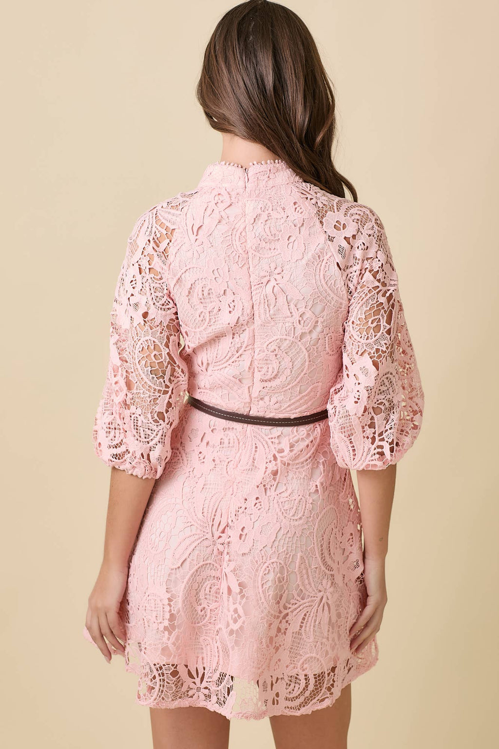 Mock Neck Collar Button Down Mini Lace Dress