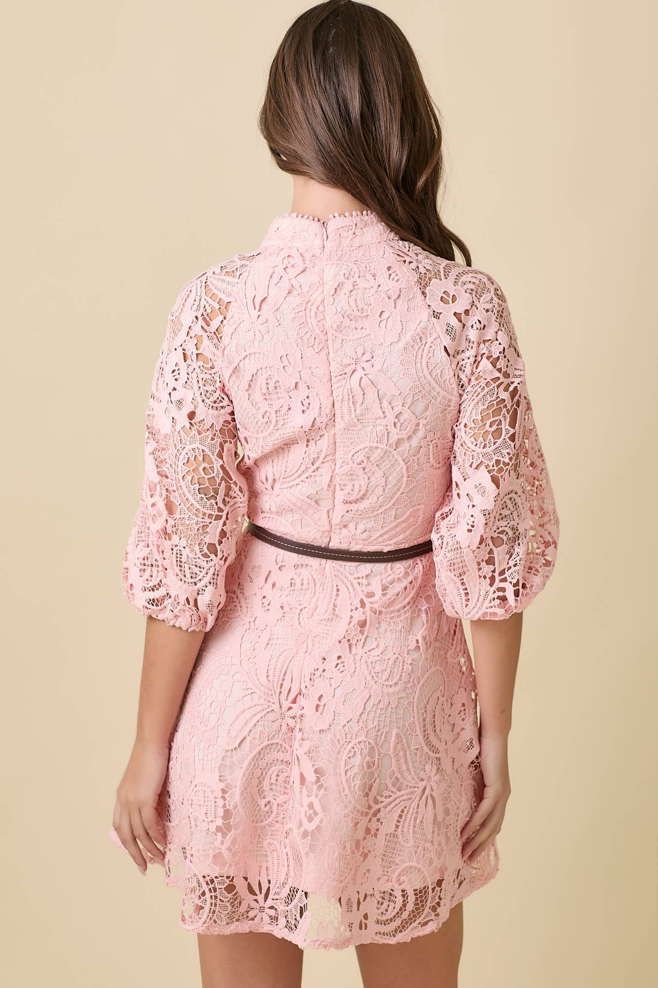 Mock Neck Collar Button Down Mini Lace Dress