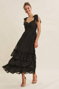 DESIGNED FOR MAGICAL MOMENT RUCHED FOIL SWISS DOT MAXI DRESS