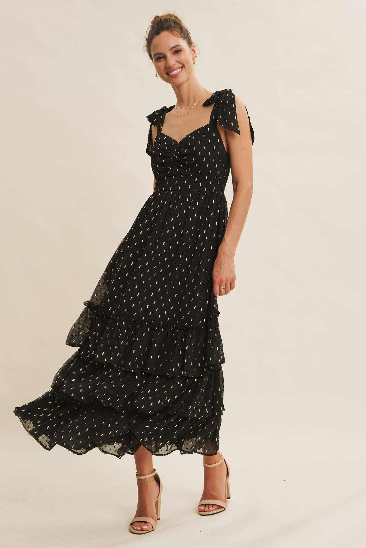 DESIGNED FOR MAGICAL MOMENT RUCHED FOIL SWISS DOT MAXI DRESS