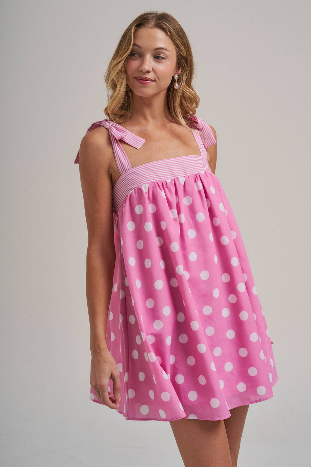 POLKA DOT BABYDOLL A LINE MINI DRESS WITH STRIPE BODICE
