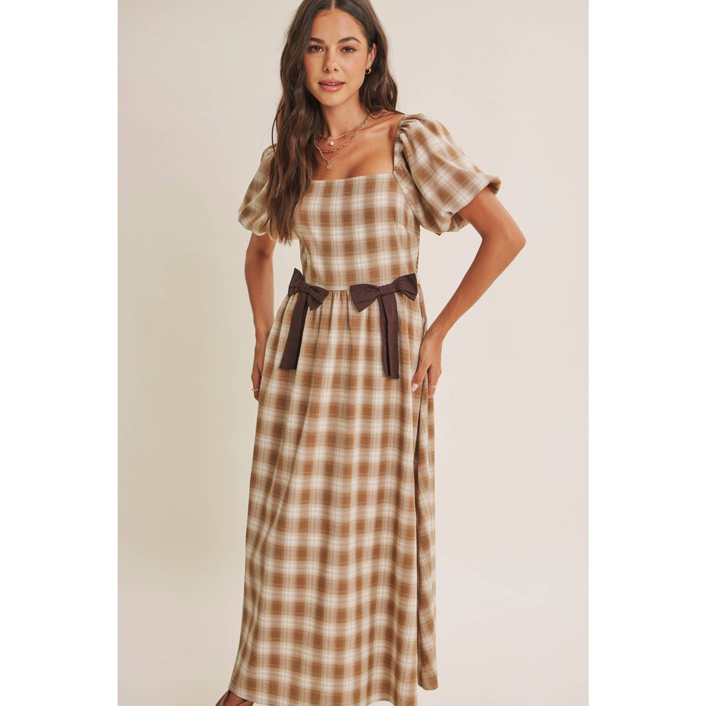 GOLDEN FIELD PLAID SMOCKED MIDI DRESS WITH CONTRAST BOW