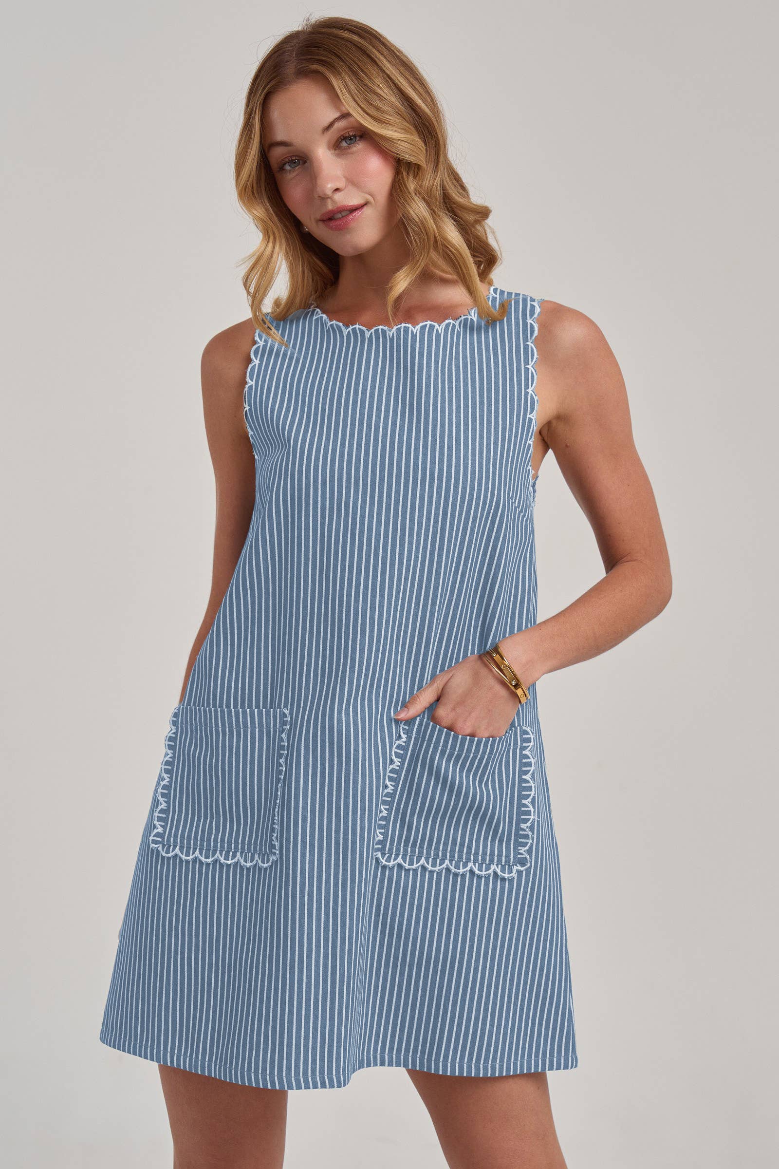SLEEVELESS STRIPE DENIM MINI DRESSWITH SCALLOPED EMBROIDERY
