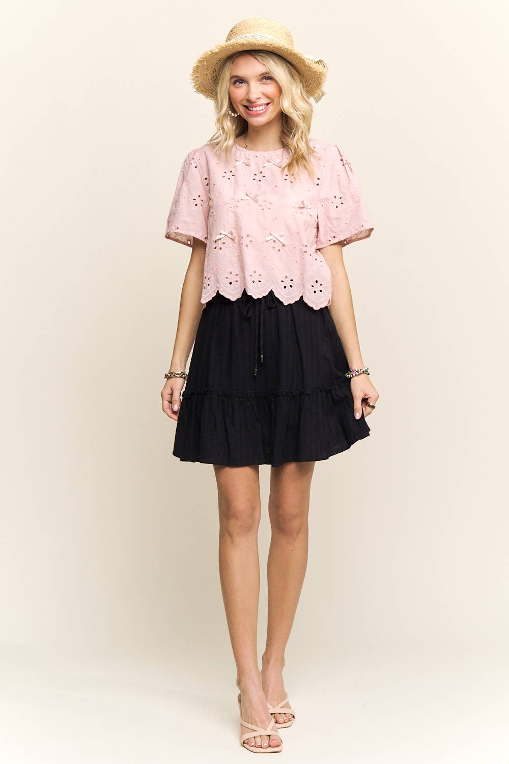 SHORT SLEEVE EYELET EMBROIDERED BLOUSE- LET4206