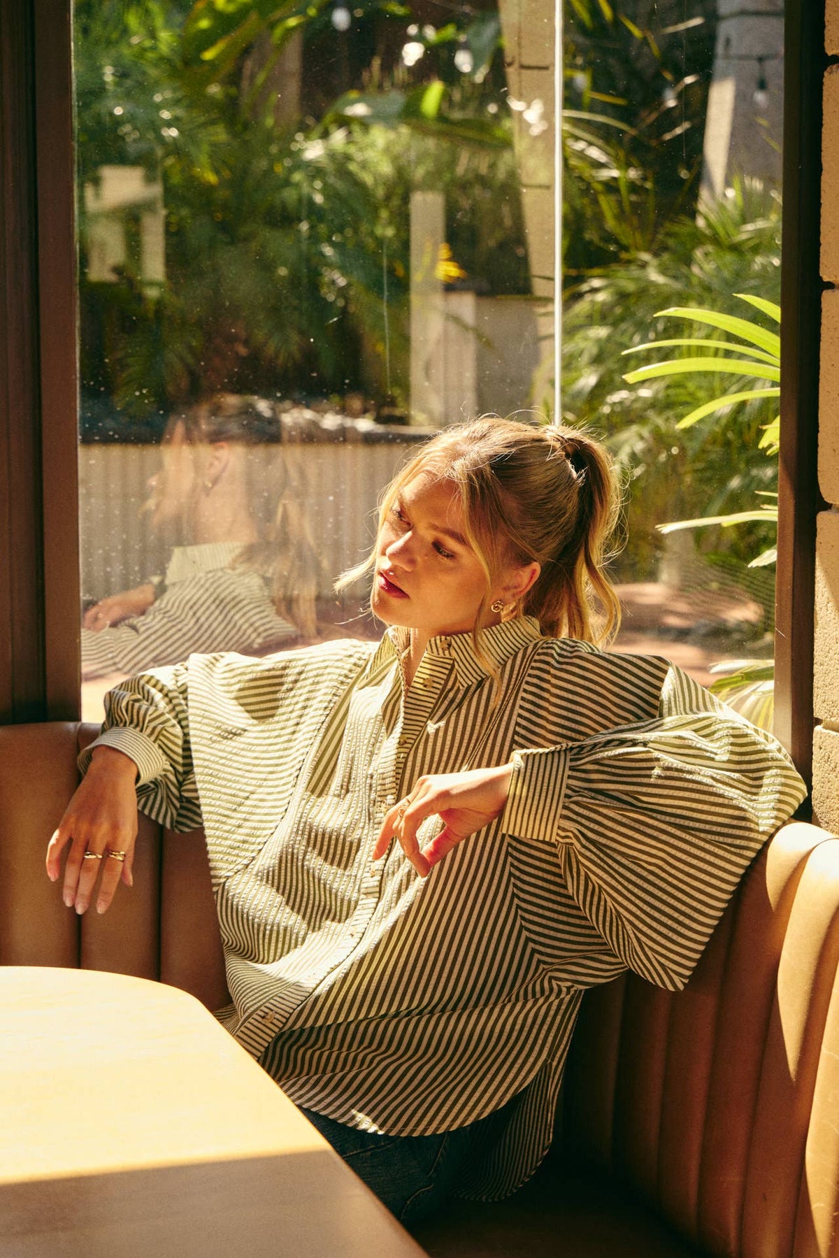 FRENCH CAFE MIXED STRIPE BATWING BUTTON-DOWN SHIRT