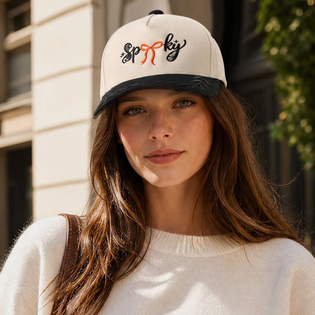 SPOOKY Bow Embroidered Two-Tone Leaf Brim Trucker Hat