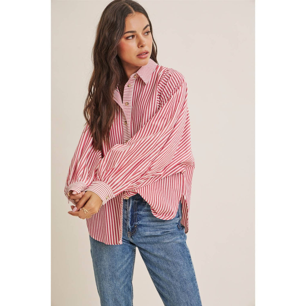FRENCH CAFE MIXED STRIPE BATWING BUTTON-DOWN SHIRT