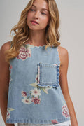 VINTAGE FLORAL DENIM TOP WITH SCALLOPED EDGE DETAIL