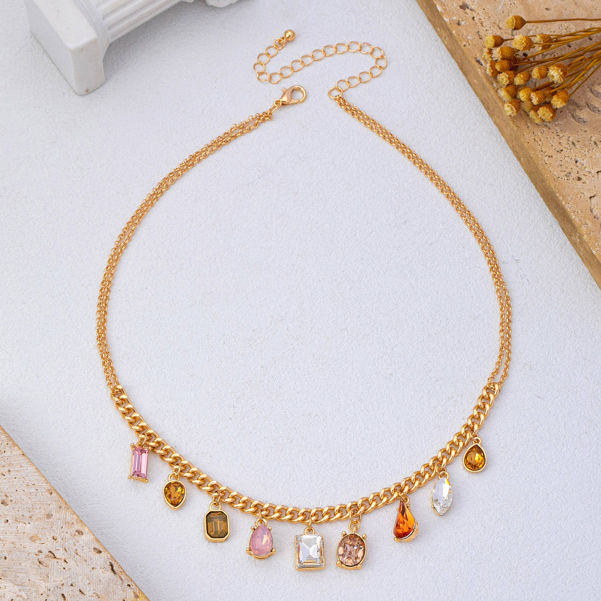 Multi-Shape Earth Tone Crystal Charm Necklace | 80N93404