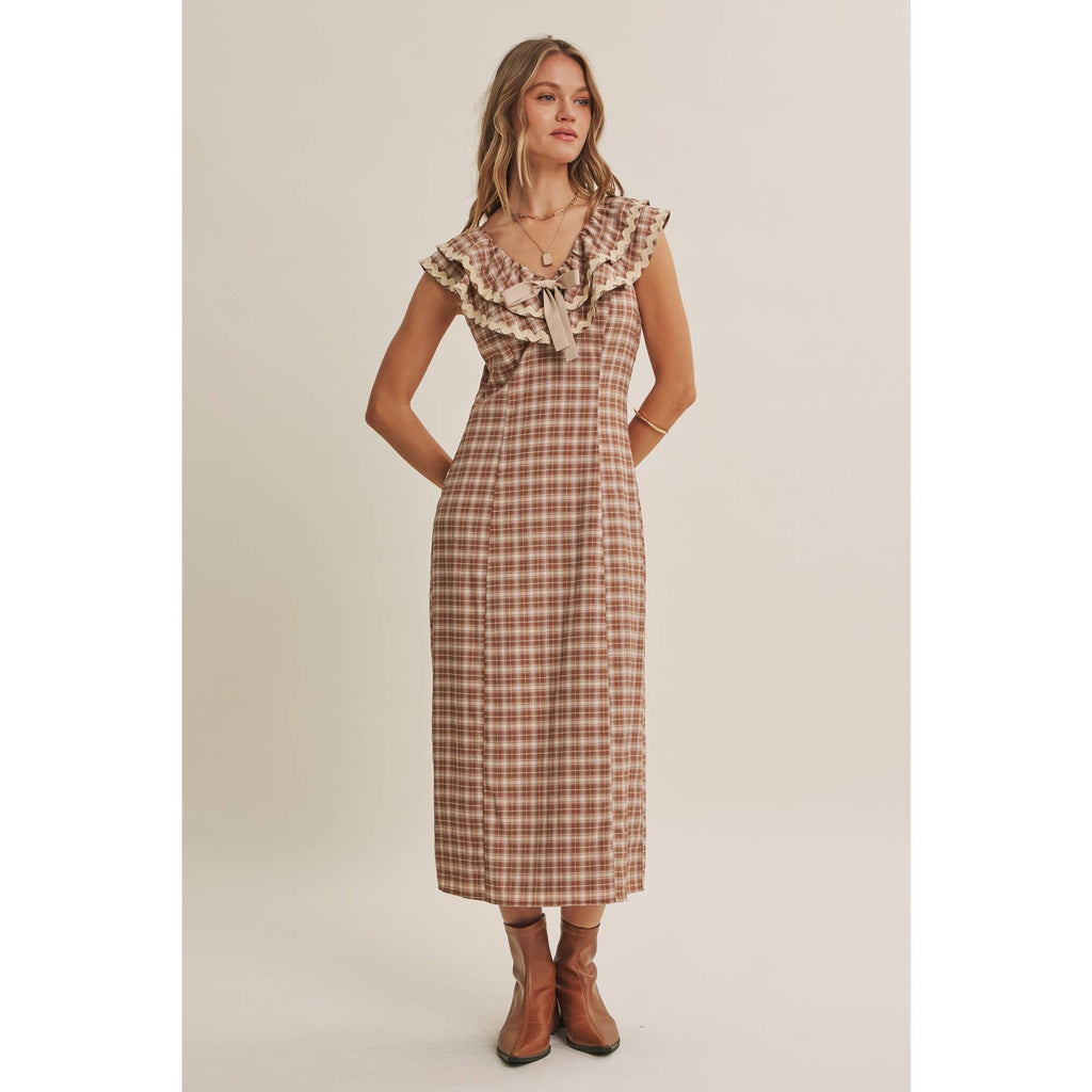 AUTUMN HARVEST RUFFLED PLAID BODY SKIMMING SLIT MIDI DRESS