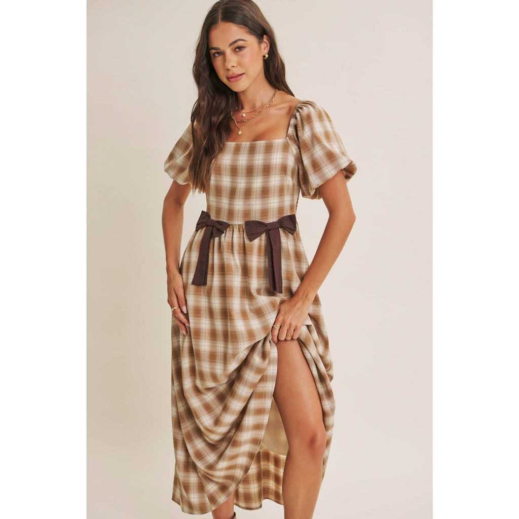 GOLDEN FIELD PLAID SMOCKED MIDI DRESS WITH CONTRAST BOW