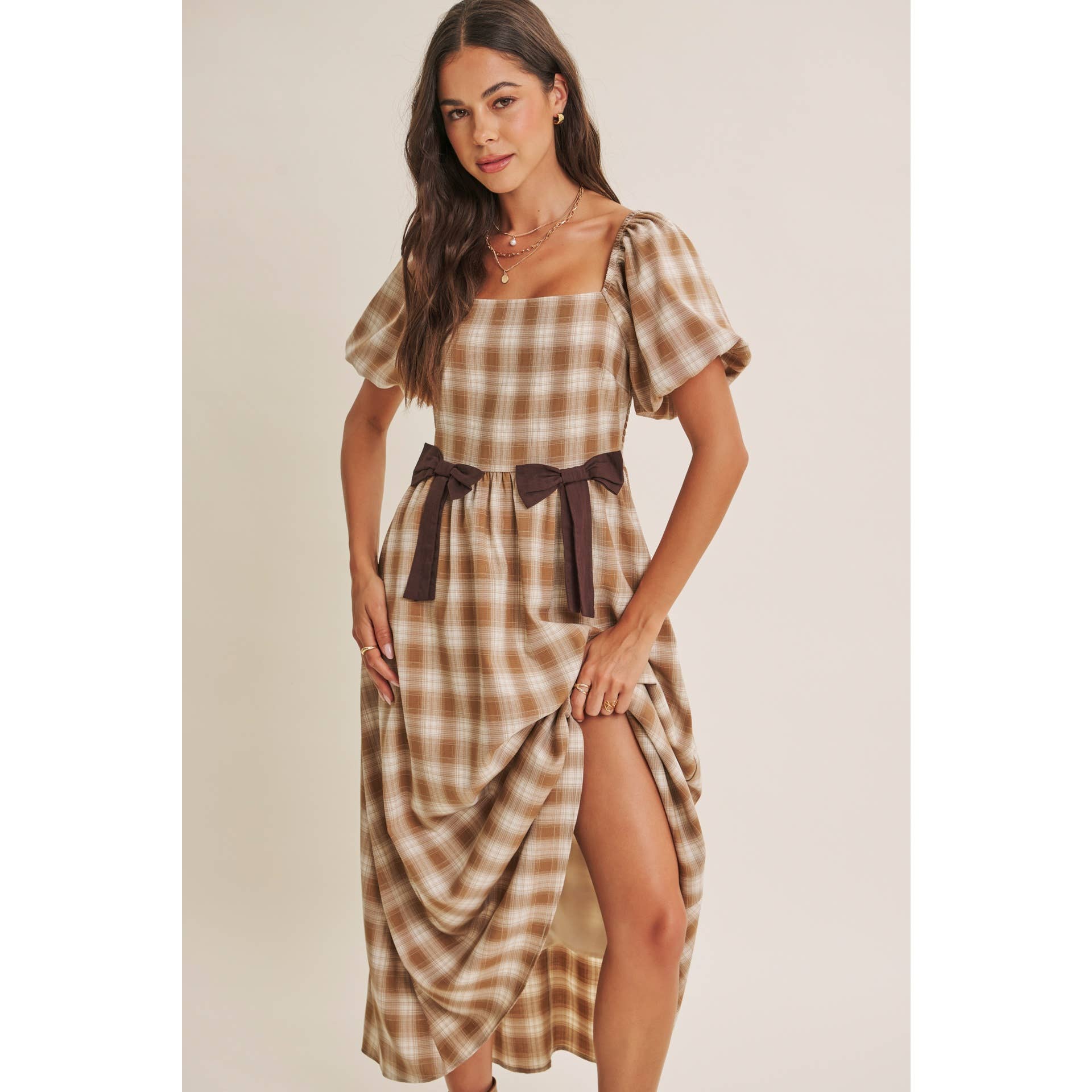 GOLDEN FIELD PLAID SMOCKED MIDI DRESS WITH CONTRAST BOW