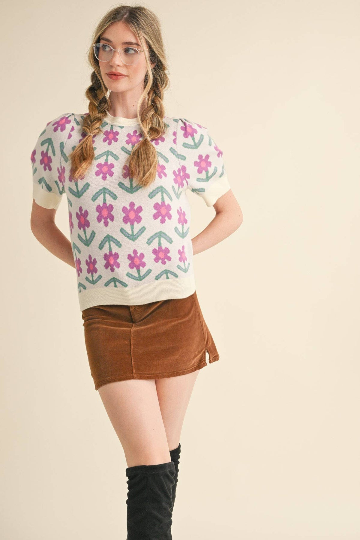 SHORT SLEEVE FLORAL KNIT SWEATER MSW10510