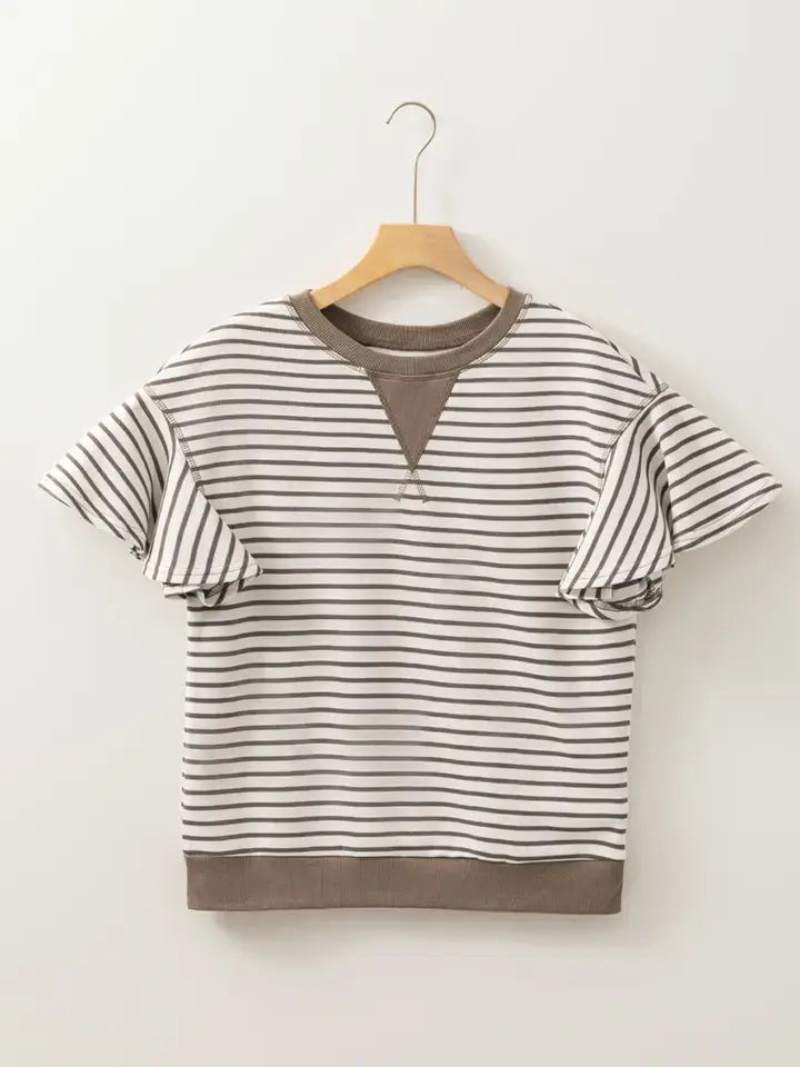 Parchment Contrast Detail Striped Ruffle Short Sleeve Top