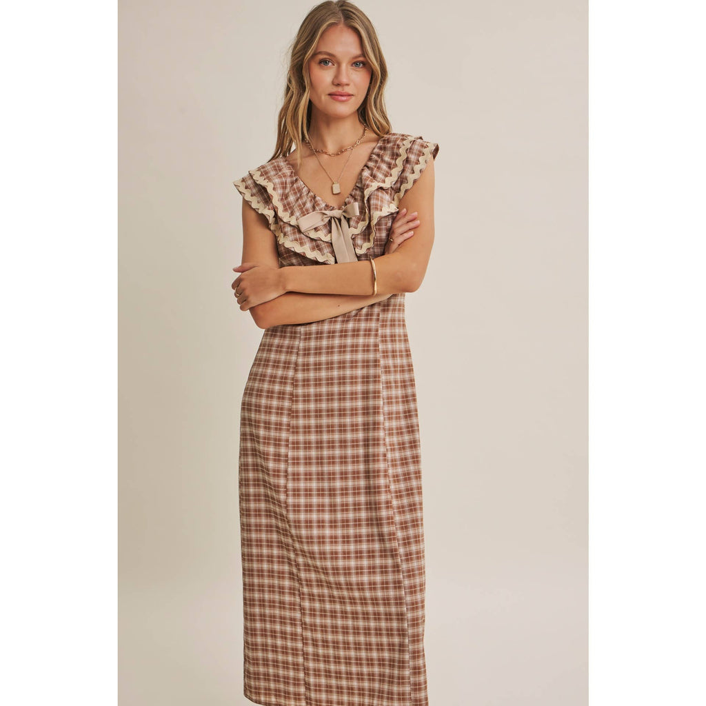 AUTUMN HARVEST RUFFLED PLAID BODY SKIMMING SLIT MIDI DRESS