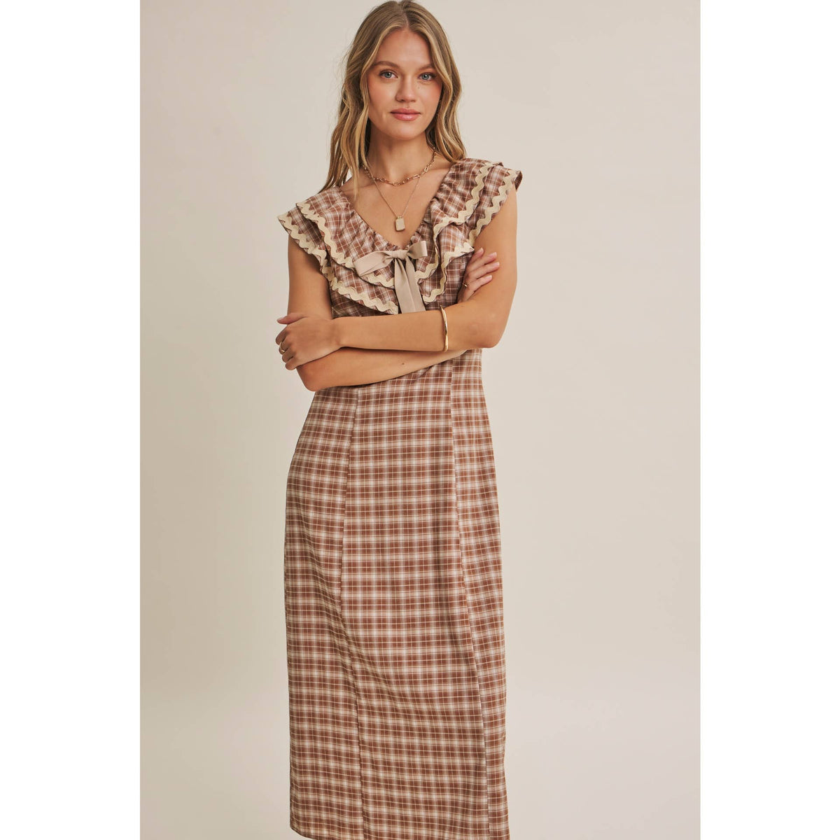 AUTUMN HARVEST RUFFLED PLAID BODY SKIMMING SLIT MIDI DRESS