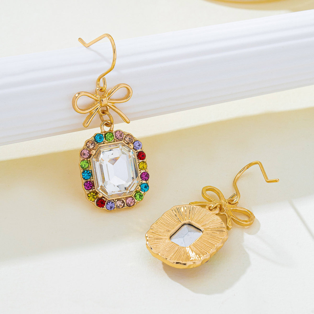 Bow & Emerald-Cut Rainbow Crystal Drop Earrings | 80E62407